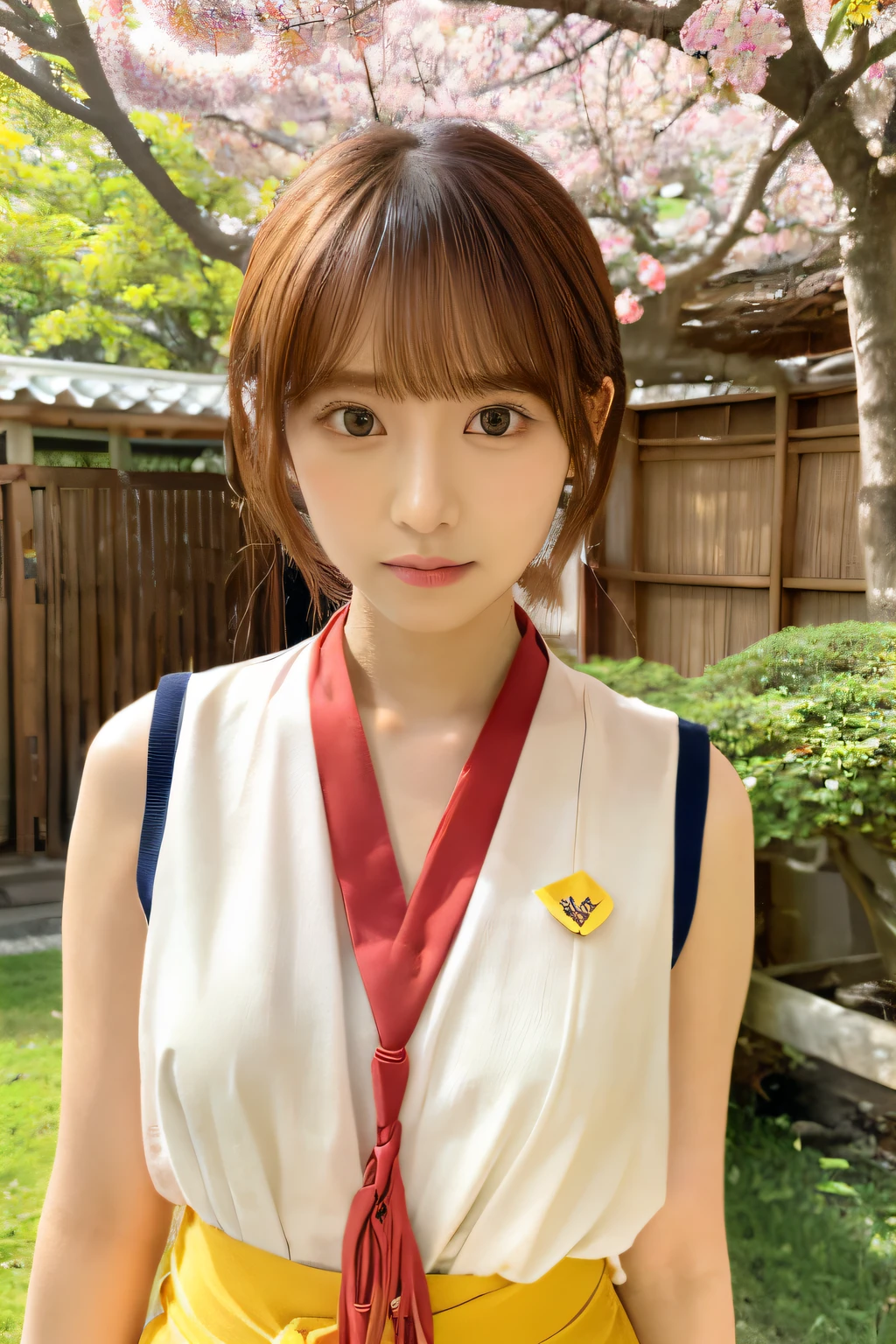 masutepiece, Best Quality,, sakura bakushin o (Umamusume),, Beautiful full-body image, (Beautiful face:1.2), Serious,  Closed mouth, Mouth hold,, epaulets, Sleeveless, Yellow neckerchief, Shirt, Tying hair,