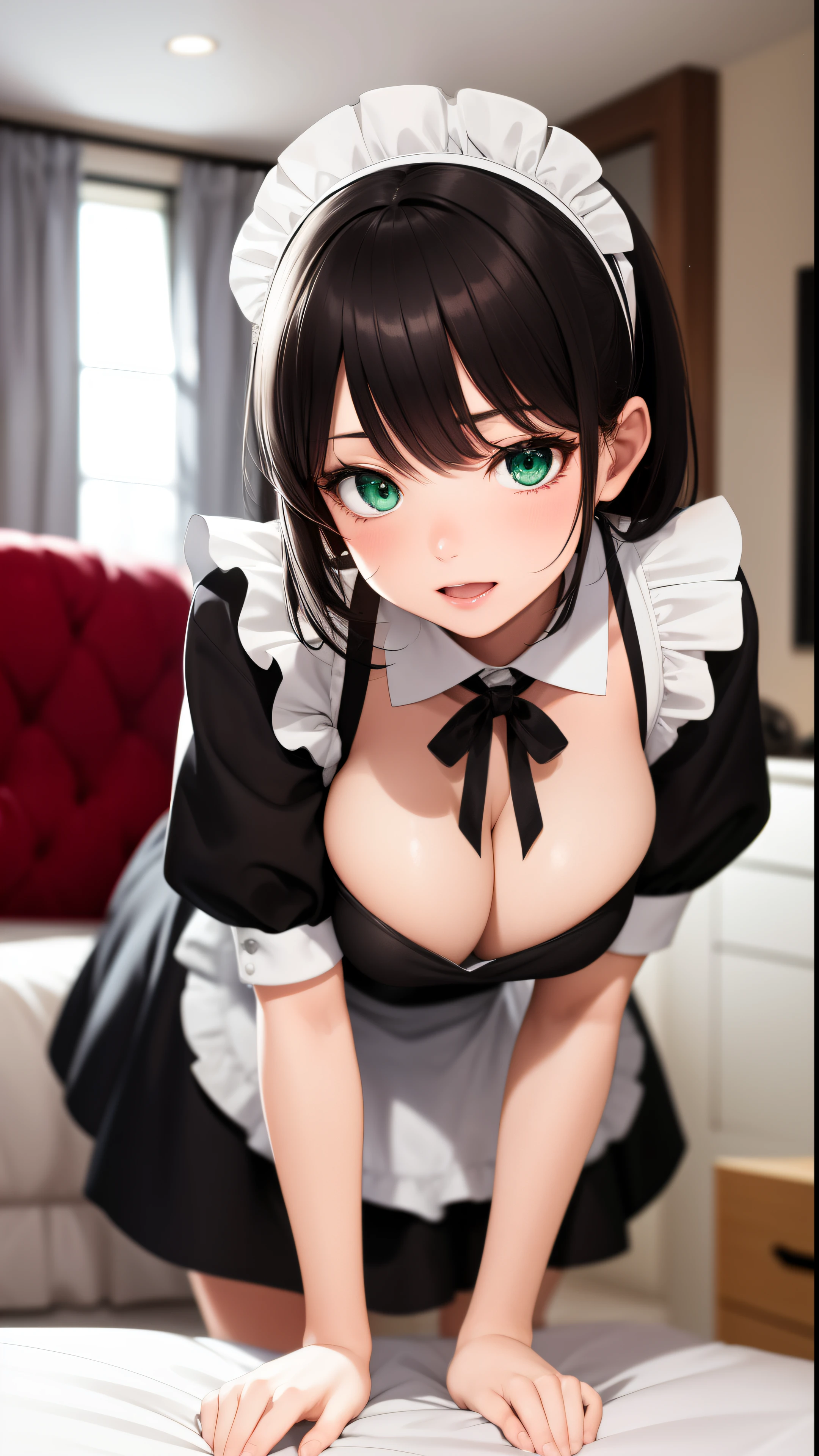 (top-quality)、(detaileds)、(1 girl in)、Colossal tits、livingroom、looking at viewert、Beautiful green eyes、A dark-haired、detaileds、maid clothes、black and white maid uniform、Highly exposed、Bend over in a deep valley、embarrassed from