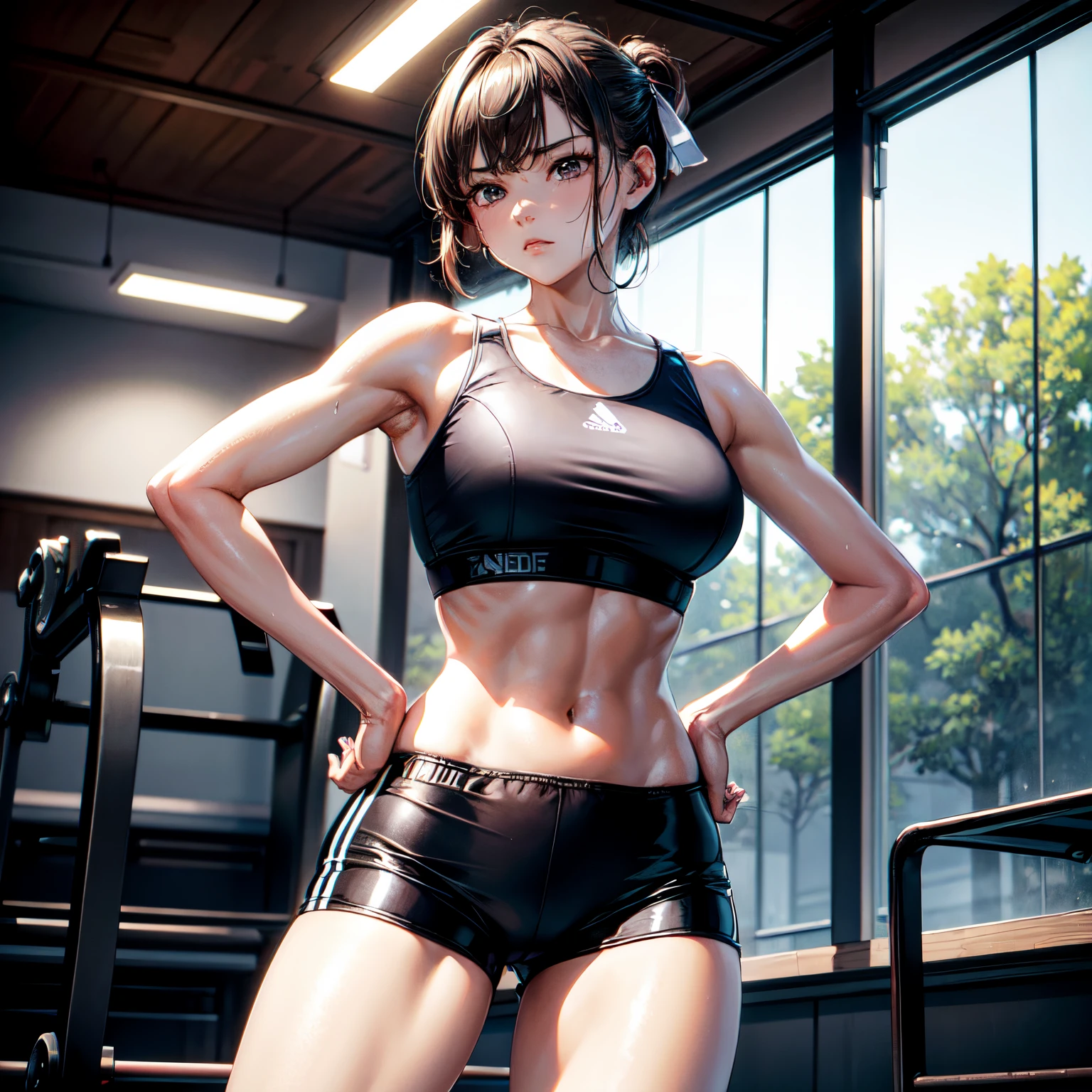masterpiece, 4K, of the highest quality, bow ribbon, Sports Bra, Latex Shorts, is standing, arms folded,、cool expression Beautiful gym, Brown-eyed, Short_hair, Small_Breast, looking at the viewers 、Heavy sweat、1 persons