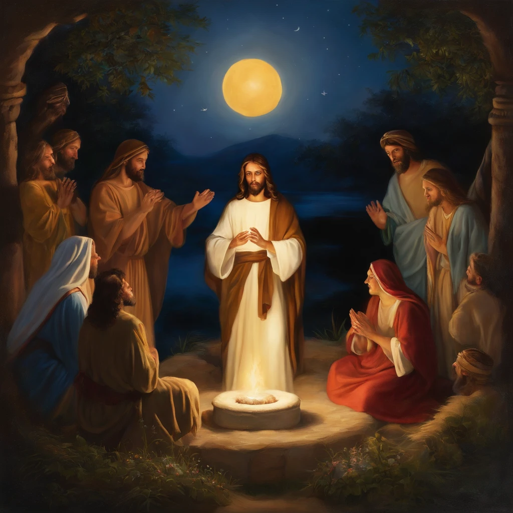 Y, while they were talking like this, Jesus was sitting a little apart. And it came to pass that on the fifteenth day of the moon of the month of têbêth,day when there was a full moon, el sol, rising in his ordinary career, emitted an incomparable light.
15. Because it came from the light of lights, and came upon Jesus, and completely surrounded him.