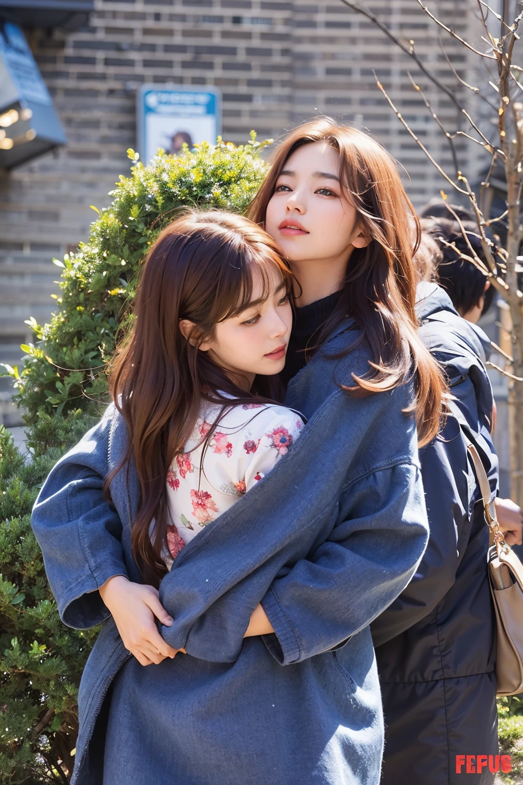 Araffes and a woman hugging in a park, song hye - kyo, promo ainda, cena do filme live action, no set, filme realista ainda, mulher segurando outra mulher, Sakimichan, ainda de um filme live action, atriz da Coreia, dramatic movie still, Filmado do filme, Bae Suzy, filme muito realista ainda