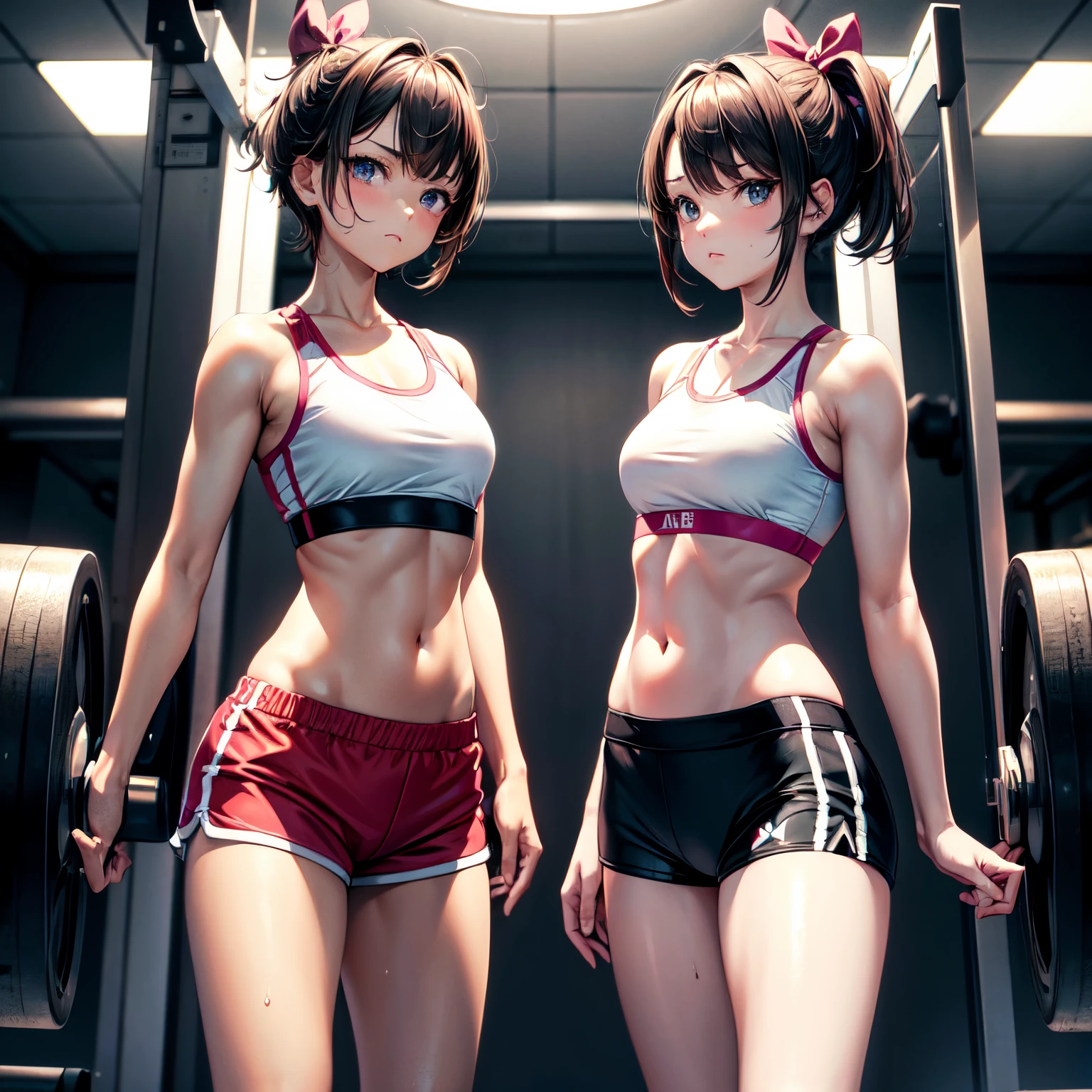 masterpiece, 4K, of the highest quality, bow ribbon, Sports Bra, Latex Shorts, is standing, arms folded,、cool expression Beautiful gym, Brown-eyed, Short_hair, Small_Breast, looking at the viewers 、Heavy sweat、1 persons