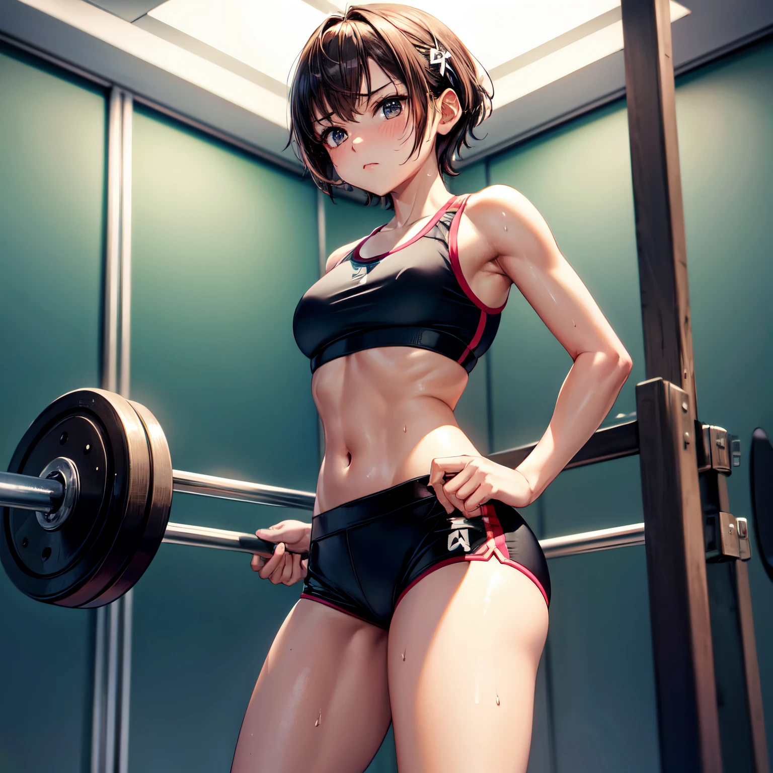 ​masterpiece, 4K, of the highest quality, bow ribbon, Sports Bra, Latex Shorts, is standing, arms folded,、cool expression　Beautiful gym, Brown-eyed, Short_hair, Small_Breast, looking at the viewers　、Heavy sweat、1 persons