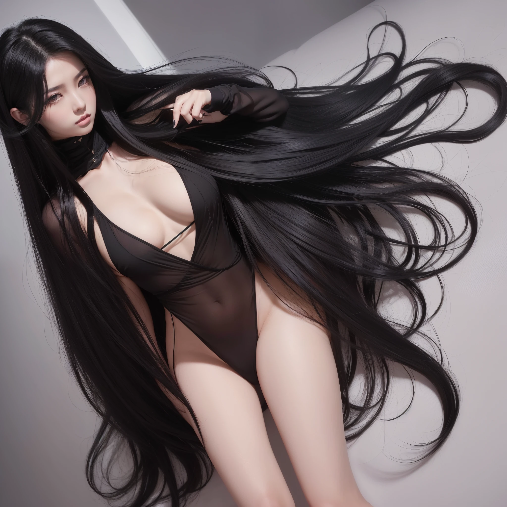 (Top image quality、top-quality、Top resolution、hyper realistic photography、Full body photo、masterpiece、16k、)1girl in、Surprisingly long black hair is super beautiful、hair length about 3 meters、White underwear or naked、Hide the whole body with straight black hair、Very beautiful face、well-groomed beautiful black hair、very large amount of hair、Ultra-long black hair with an emphasis on sex appeal as a woman、slim figure、Lustrous beautiful hair、Bright lighting、profetional lighting、Winner of the World Long Hair Contest、Full body real photo、Head-to-toe photo、Photo taken from about 4 meters away、Super Real、Two hands、2 legs、The longest black hair in the world、Hair is heavy and tired、Hair longer than Rapunzel、very large amount of hair、I hide my whole body with very long black hair、Hair that is shampooed every day is very clean、Hair smells of roses、Very long black hair is my sex appeal、Very long black hair is my charm、Long black hair is a symbol of beauty、My pride is very long black hair、This long hair length and amount is admired all over the world、My very long black hair is spread out in a fan shape、Facing backwards、Sleeping face down、Silky black hair flowing from the shoulders to the floor、Ridiculously large amount of hair、The hair is ridiculously bushy、Wrap the entire bed in hair、Hide my hands with long hair、Hide my fingers with long hair、A storm of angry black hair that seems to overflow from the screen、