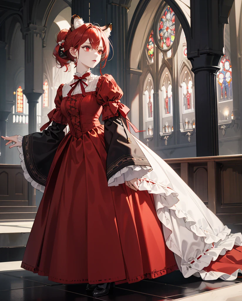 (tmasterpiece,best qualtiy:1.3),extremly high detail,复杂,8k,HDR,the wallpaper,cinmatic lighting,s the perfect face,exquisite facial features, woman, full body, standing in old cathedral, red hair, two-toned hair white abd red, gradient hair ((white)), red tiger ears on head, animal ears, pale skin, red eyes, soft red eyes, beautiful dress, Victorian dress, royal clothing, long sleeves, red bows on dress, melodesignsHG dress, soft lighting, night lighting, beautiful colors, soft expression, alone, lone female, short hair, hair up in bun,