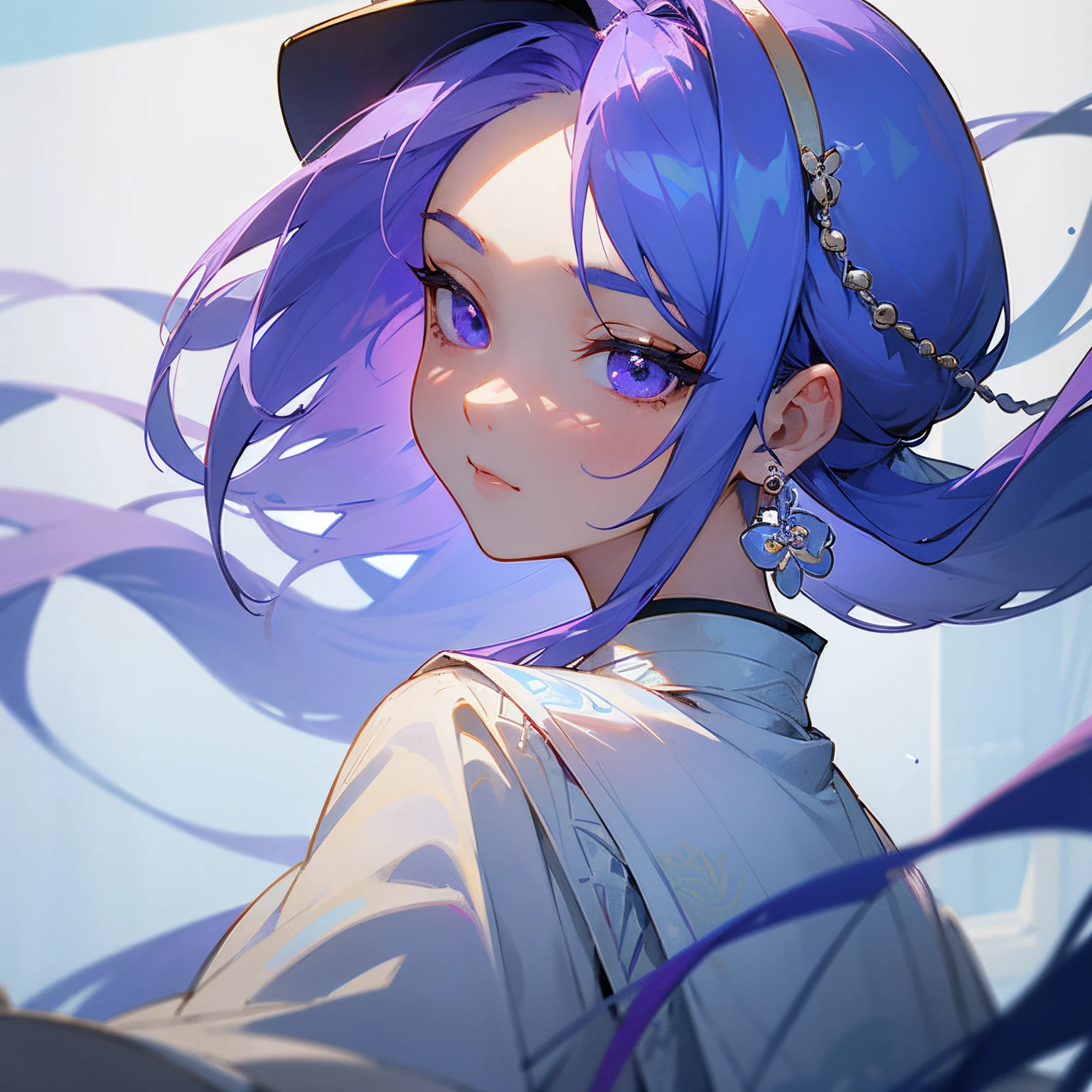 Mature girls、a purple eye、Blue-white hair color、Floating hair、Delicate and flexible eyes、intricate damask hanfu、Luxury Accessories、wearing pearl earrings、fov、f / 1.8、masterpiece、ancient Chinese architecture、blue open sky、Frontal portrait shot、Chang'e、side lights、a person々Sunlight to、8K