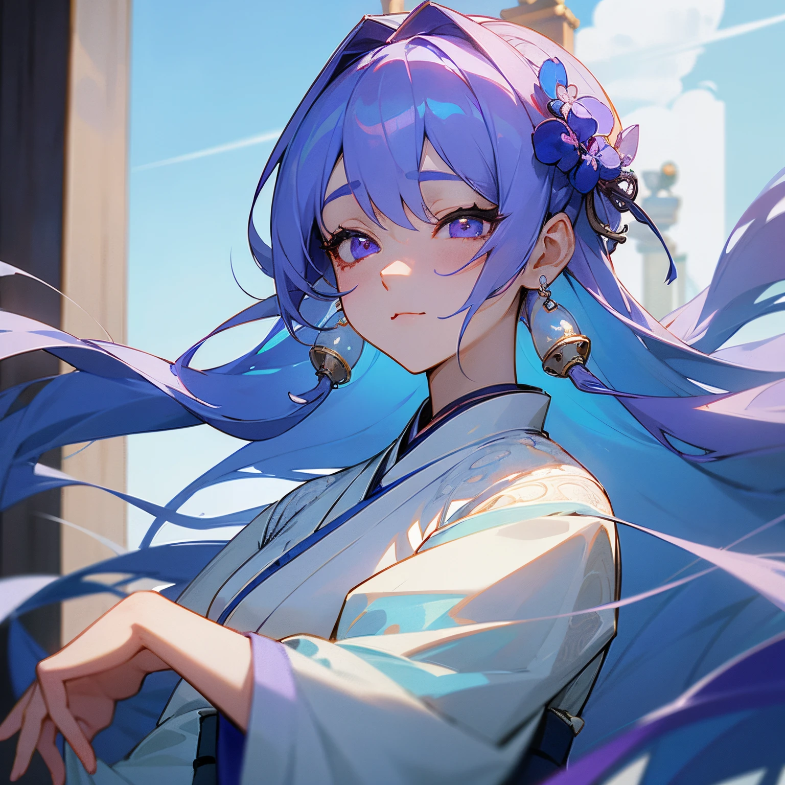 Mature girls、a purple eye、Blue-white hair color、Floating hair、Delicate and flexible eyes、intricate damask hanfu、Luxury Accessories、wearing pearl earrings、fov、f / 1.8、masterpiece、ancient Chinese architecture、blue open sky、Frontal portrait shot、Chang'e、side lights、a person々Sunlight to、8K