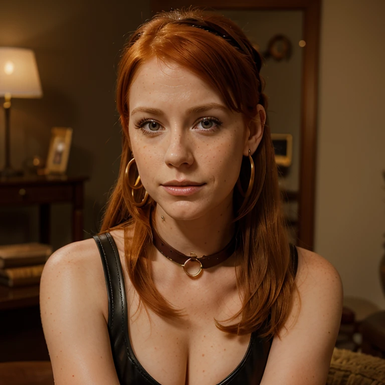 Penny pax redhead long hair ponytail soft curves glasses collar blushing freckles princess feather earrings leather armband