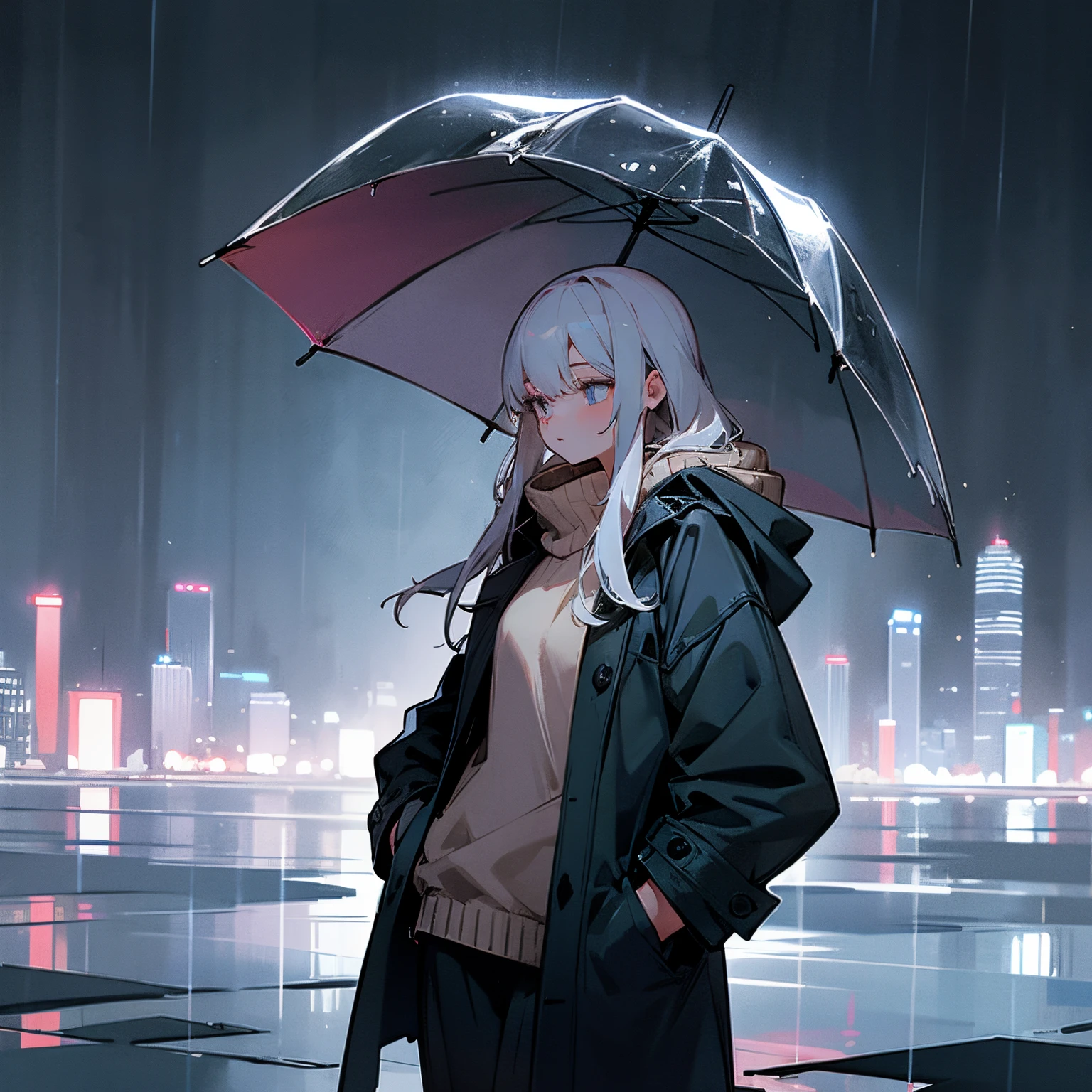 1girl in, nightcity, Rain, coat, Hands in pockets