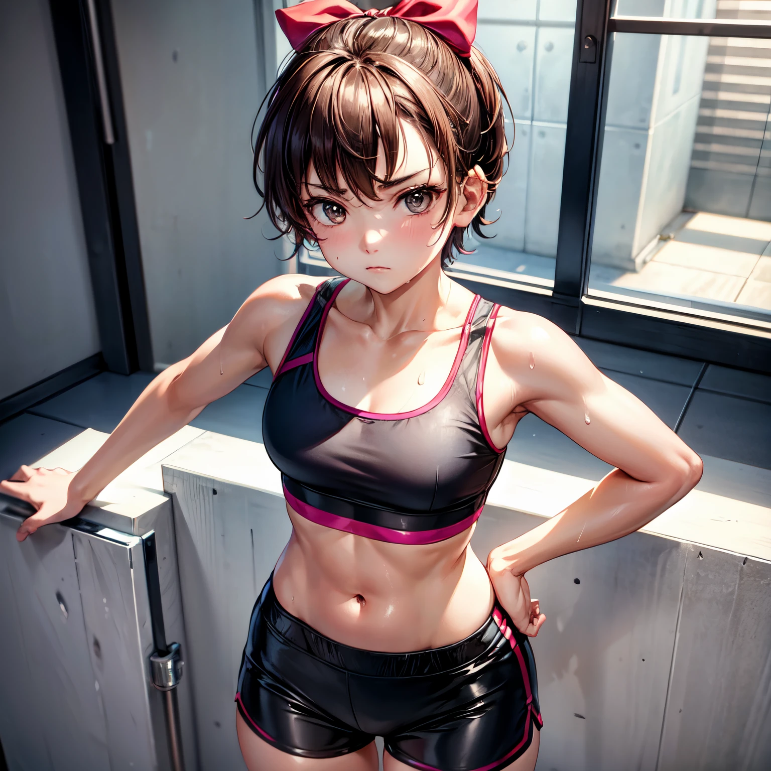 masterpiece, 4K, of the highest quality, bow ribbon, Sports Bra, Latex Shorts, is standing, arms folded,、cool expression Beautiful gym, Brown-eyed, Short_hair, Small_Breast, looking at the viewers 、Heavy sweat、1 persons