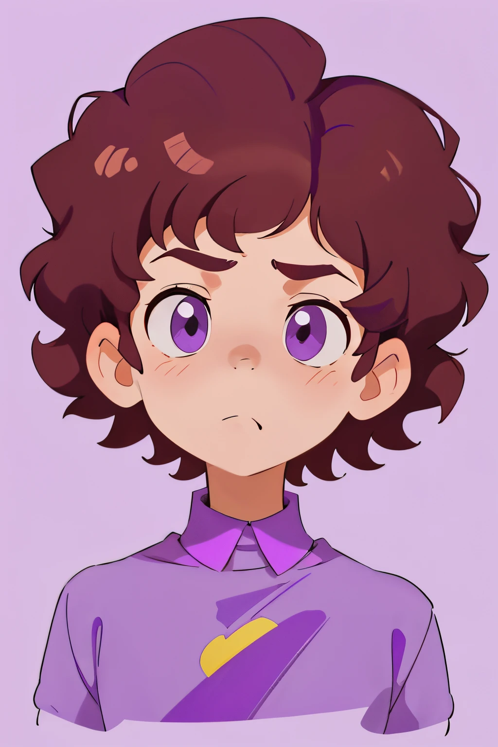 cartoon of a boy with a purple shirt and a purple shirt, character portrait of me, cel - shaded art style, he has short curly brown hair, random background scene, animated still, lofi portrait, halfbody headshot, halfbody portrait, a character portrait, name of the character is chad, pouty, some background blur, stylized portrait