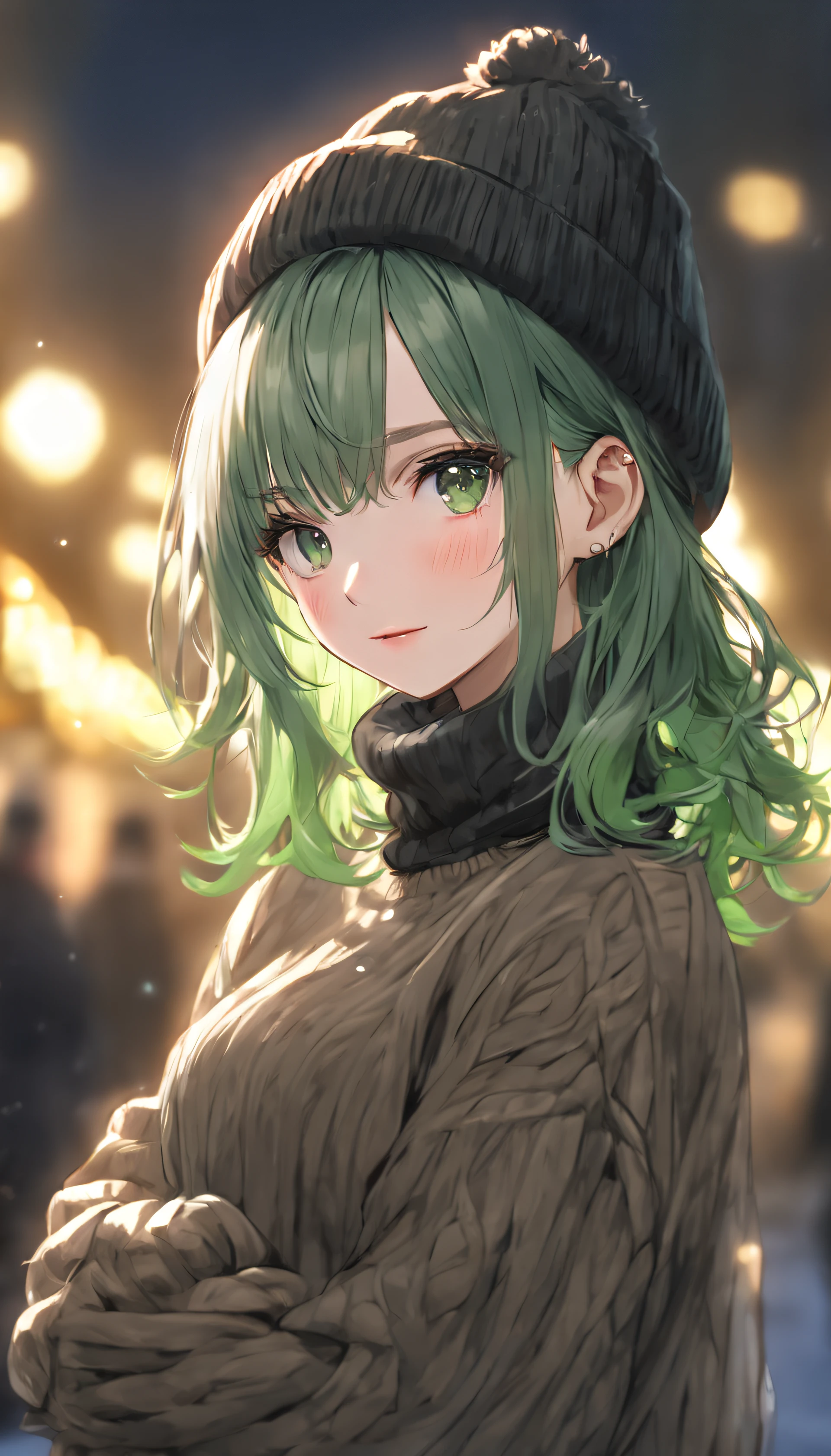 face focus, cute, masterpiece, best quality, 1girl, green hair, sweater, looking at viewer, upper body, beanie, outdoors, night, turtleneck