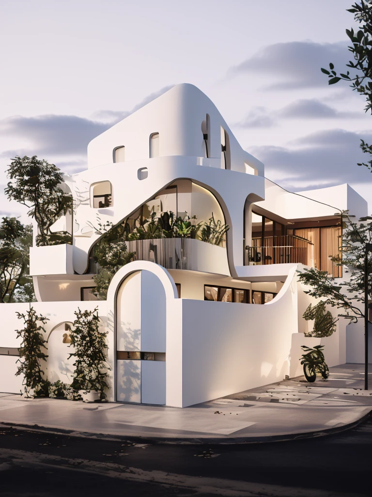 there is a white house with a lot of windows and a motorcycle parked in front of it, inter dimensional villa, precise architectural rendering, realistic architecture, rounded architecture, concept house, exterior design, futuristic house, stunning render, high quality rendering, award-winning render, in style of zaha hadid architect, award winning render, overall architectural design, organic architecture, professional render