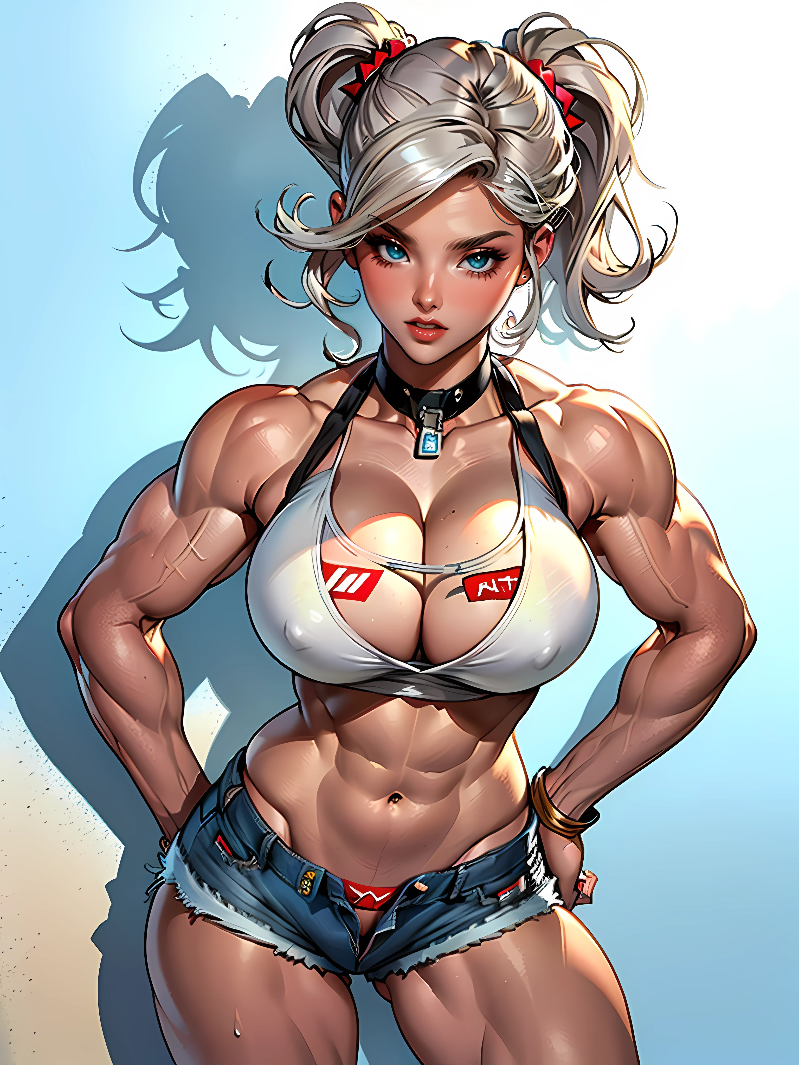 (high quality, best rendering), (beautiful girl), blue eyes, gray hair(bombshell, pin-up style), psychopath, crazy face, sexy pose, jean short shorts, tank top, pastel, centered, scale to fit dimensions, micro thong, micro bikini, camel toe, (((huge muscles)))