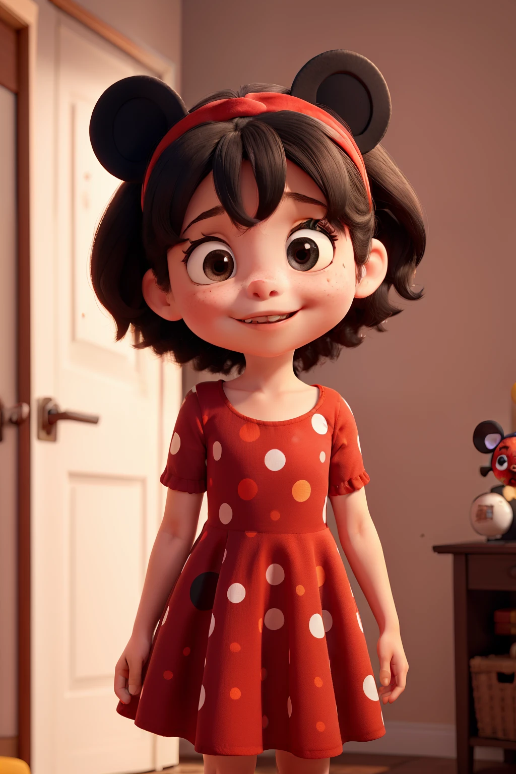 Menina loira olhos azuis,  wearing a red dress with black polka dots and Mickey ears