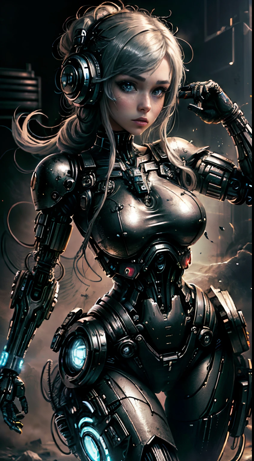 (8k,fotorrealista Raw photography calidad superior;1.4) 1 chica elfo Cabello Blanco Soldado estilo pistola en el fondo, Chica en Mech Blanco, Cyberpunk anime chica mecha, Wearing sci-fi military armor, Hermosa chica negro cyborg, Cyborg - Chica de plata, Mech negro de Fira, Eco de Overwatch, Perfecto anime cyborg mujer, Pupilas azules, Cinco dedos, CGhSociety inspirado campo de batalla, alien depredador planet, depredador battle,,