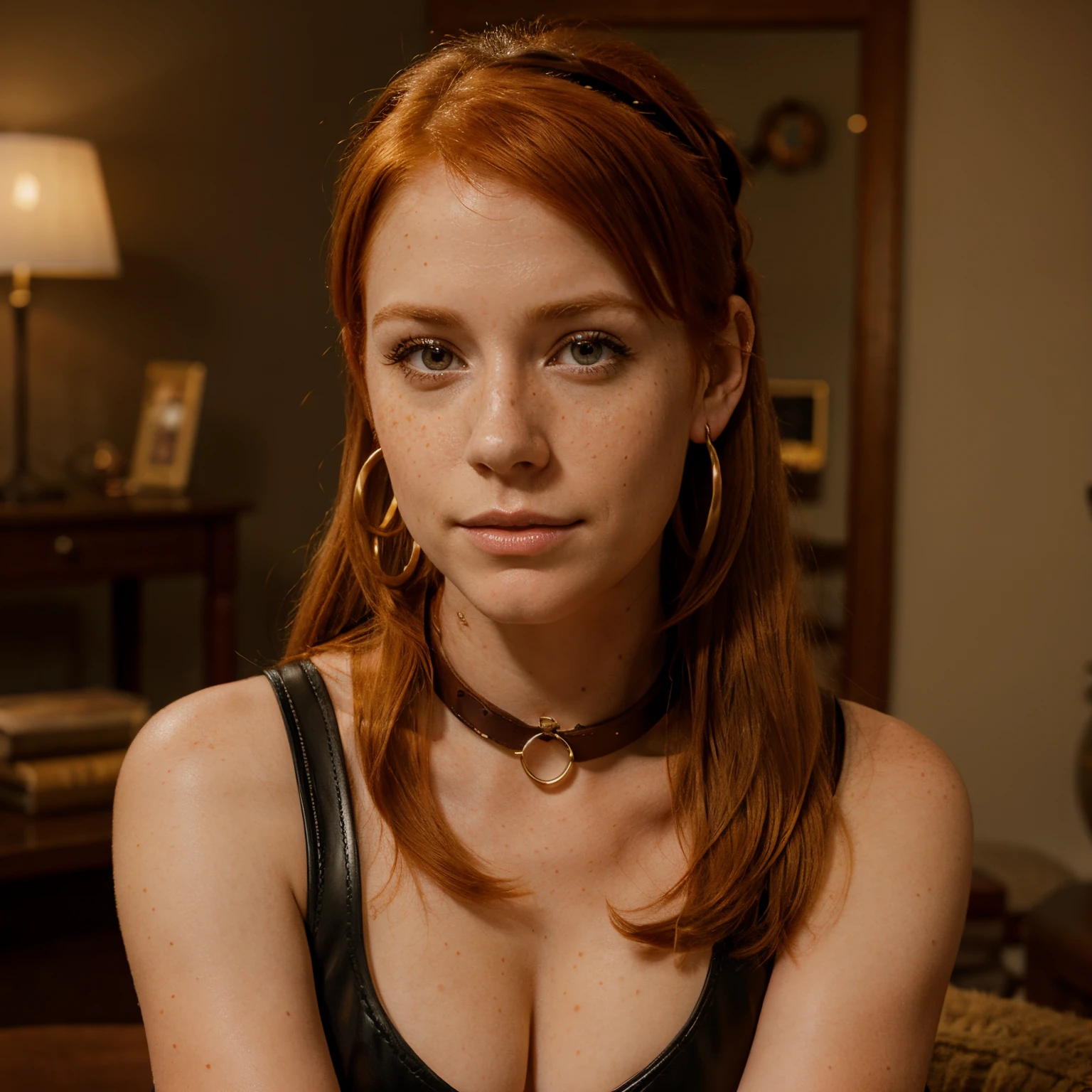 Penny pax redhead long hair ponytail soft curves glasses collar blushing freckles princess feather earrings leather armband