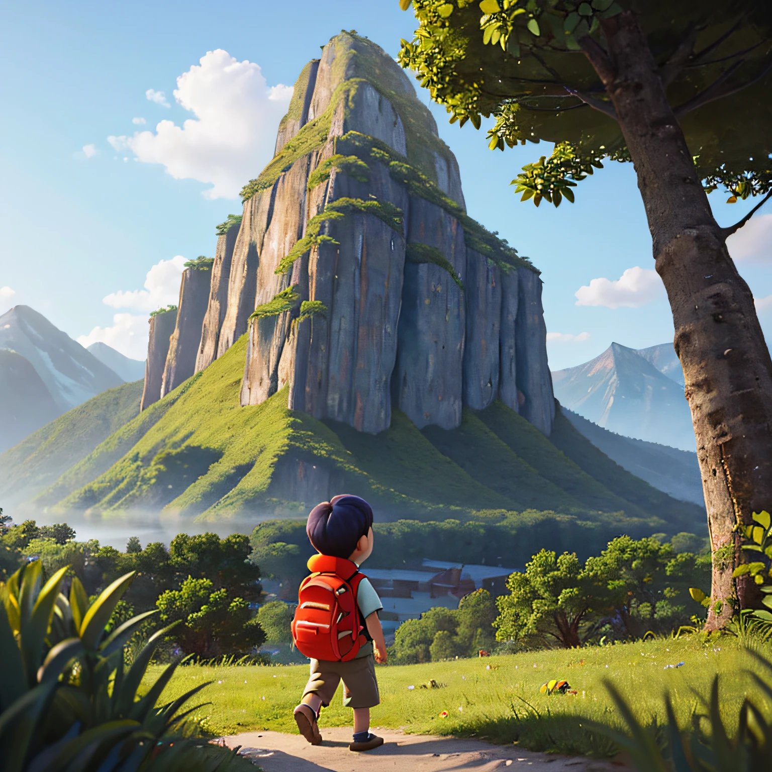 Picture a little boy with his backpack, heading towards the forest, gazing at a mountain ahead. Describe the scene as the child walks towards the forest, captivated by the looming mountain in the distance. Capture the sense of wonder on his face as he contemplates the adventure that awaits him in the woods and the challenges presented by the towering mountain on the horizon