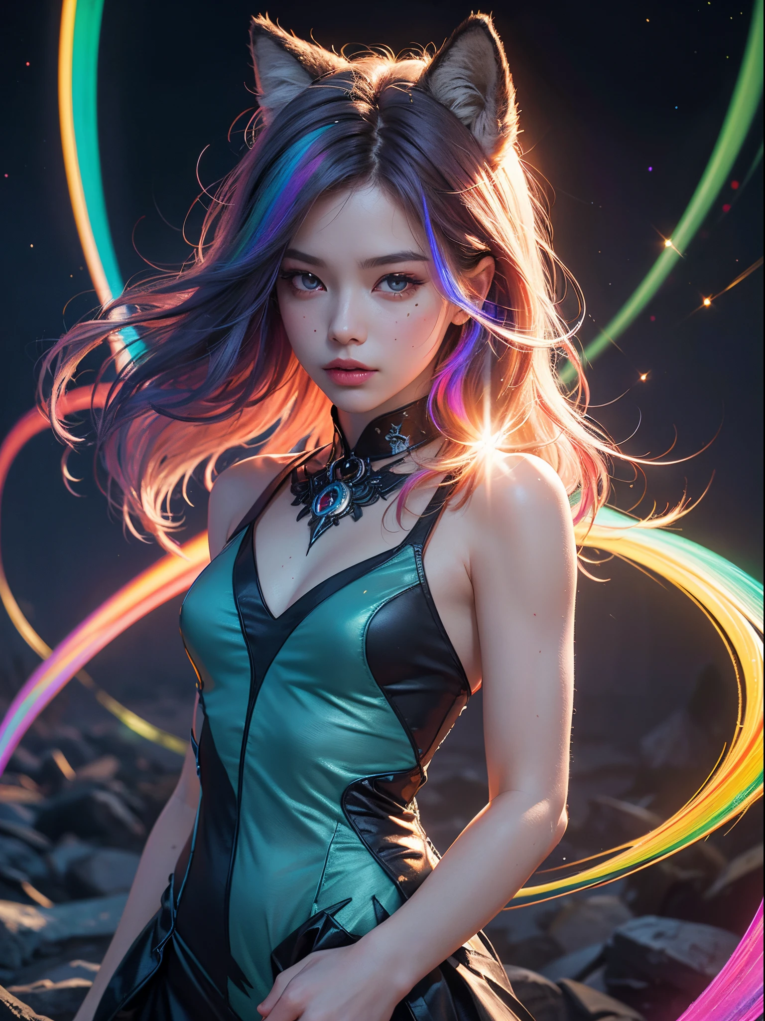 Unbeatable masterpiece, Ultra photo realsisim , Perfect artwork , Intricate details , Best quality , Strong light , High contrast , Dynamic pose , Dutch angle , (Blurry, Depth of field, blurryforeground:1.35) ,masterpiece, best quality, ultra high res, highly detailed, (psychedelic art:1.4), (woman, demon:1.3), (floating in dark mist:1.1), furry girl, anime furry women, ((best quality)), ((masterpiece)), ((realistic)), (detailed), portrait, close up, young female, RAW photo, uhd, dslr, rainbow hair, high quality, realistic, photo realistic, dreamlikeart, lens flare, upper body, looking at viewer, animal focus, furry, wolf fursuit, 1girl, cute, kawaii, lovely, fur, fur head, wolf head, narrow waist, wolf ears, black chocker, blush, paw, paw shoes, rainbow clothes, stunning gradient colors, no watermark signature, detailed background, woods, small lake with island, insanely detailed, visually stunning, wicked, hypnotic, alluring, cowboy shot, intricate, perferct shading, veil, beautiful, award-winning illustration, cosmic space background, ethereal atmosphere, ultra quality, beautiful girl, cosmical concept, rainbow strings, rainbow skin, rainbow bloody veins growing and intertwining out of the darkness, nailed wire, oozing thick blue blood, sharp neon, veins growing and pumping blood, vascular networks growing, green veins everywhere, yin and yang, glowing space, glowing stars, infinity symbol, dynamic pose, flying pose, glowing body, (rainbow aura:1.1), beautiful angel, clockwork, lightning, majestic, breathtaking , (Starlight,Sunset , Lens flare:1.25) ,