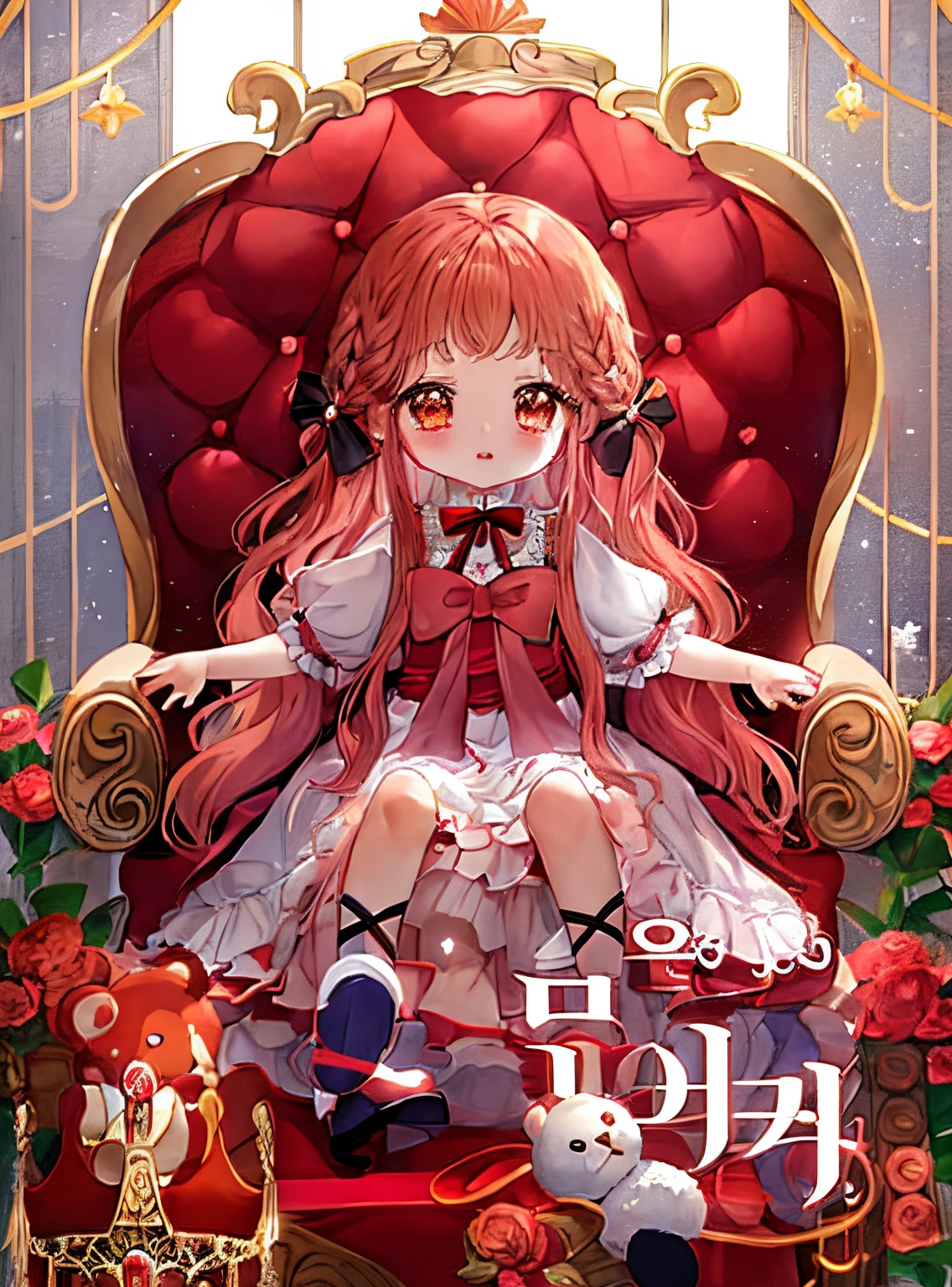 an anime character sitting on a red chair with a teddy bear, capa de anime, arte da capa da light novel, Anime Art Nouveau Coreano, deitado um trono em uma terra de fantasia, portrait of magical young girl, visual chave anime de elegante, arte oficial altamente detalhada, magical girl anime mahou shojo, arte oficial, Manhwa, splash arte anime , manga cover style