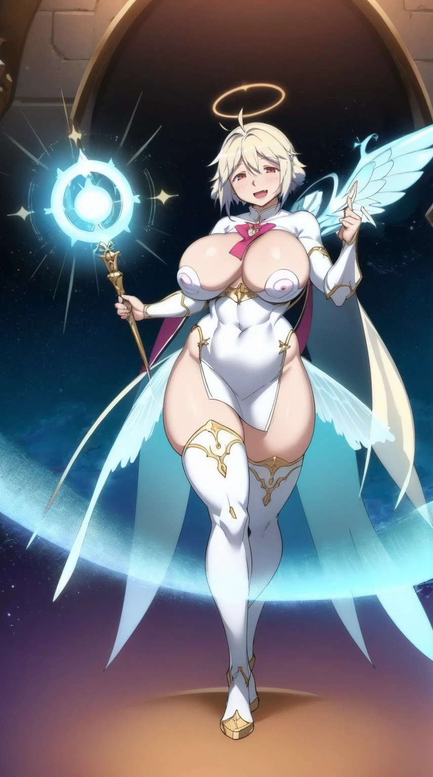 e,, holy magicalgirl, open mouth fang, holy haura, halo, smile, joyfull, paladin, sword holding, full body , boots, standing,cute,breast, curvy, female,fantasy goddess,there is a cartoon picture of a woman with a very large breast, glowing angelic being, glowing holy aura, inspired by Luma Rouge, the non-binary deity of spring, ethereal rainbow nimbus, the butterfly goddess of fire, inspired by Marie Angel, glowing aura around her, astral fairy, as the goddess of the sun, “uwu the prismatic person, big breast, happy, beautiful eyes, , full body, walking, long robe, long dress, ,priestess ,holy, smile, god rays, ray tracing, sparkle, cinematic lighting, UHD, retina, masterpiece, ccurate, anatomically correct, textured skin, super detail, high details, high quality, award winning, best quality, highres, 1080P, HD, 4K, thunder aura, light aura,, long robe, full tunic