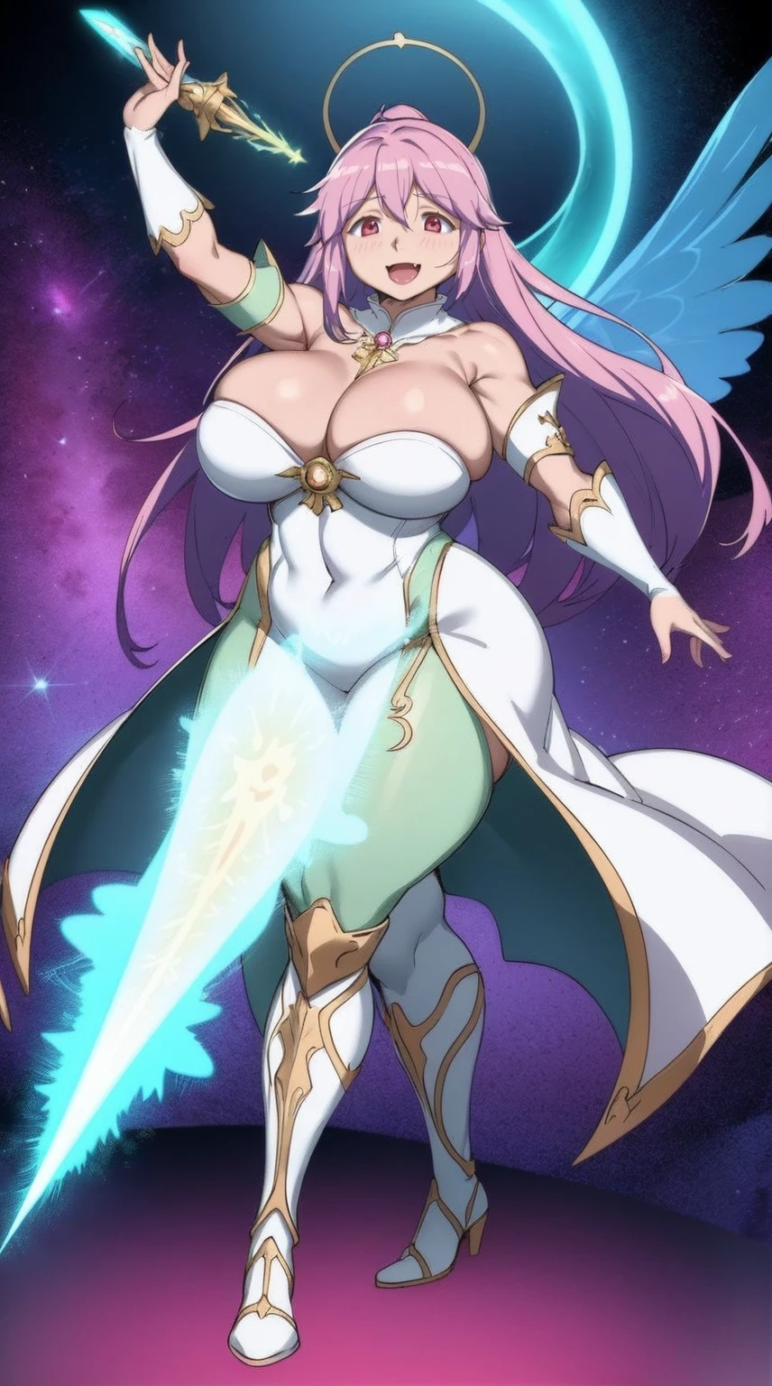 e,, holy magicalgirl, open mouth fang, holy haura, halo, smile, joyfull, paladin, sword holding, full body , boots, standing,cute,breast, curvy, female,fantasy goddess,there is a cartoon picture of a woman with a very large breast, glowing angelic being, glowing holy aura, inspired by Luma Rouge, the non-binary deity of spring, ethereal rainbow nimbus, the butterfly goddess of fire, inspired by Marie Angel, glowing aura around her, astral fairy, as the goddess of the sun, “uwu the prismatic person, big breast, happy, beautiful eyes, , full body, walking, long robe, long dress, ,priestess ,holy, smile, god rays, ray tracing, sparkle, cinematic lighting, UHD, retina, masterpiece, ccurate, anatomically correct, textured skin, super detail, high details, high quality, award winning, best quality, highres, 1080P, HD, 4K, thunder aura, light aura,, long robe, full tunic