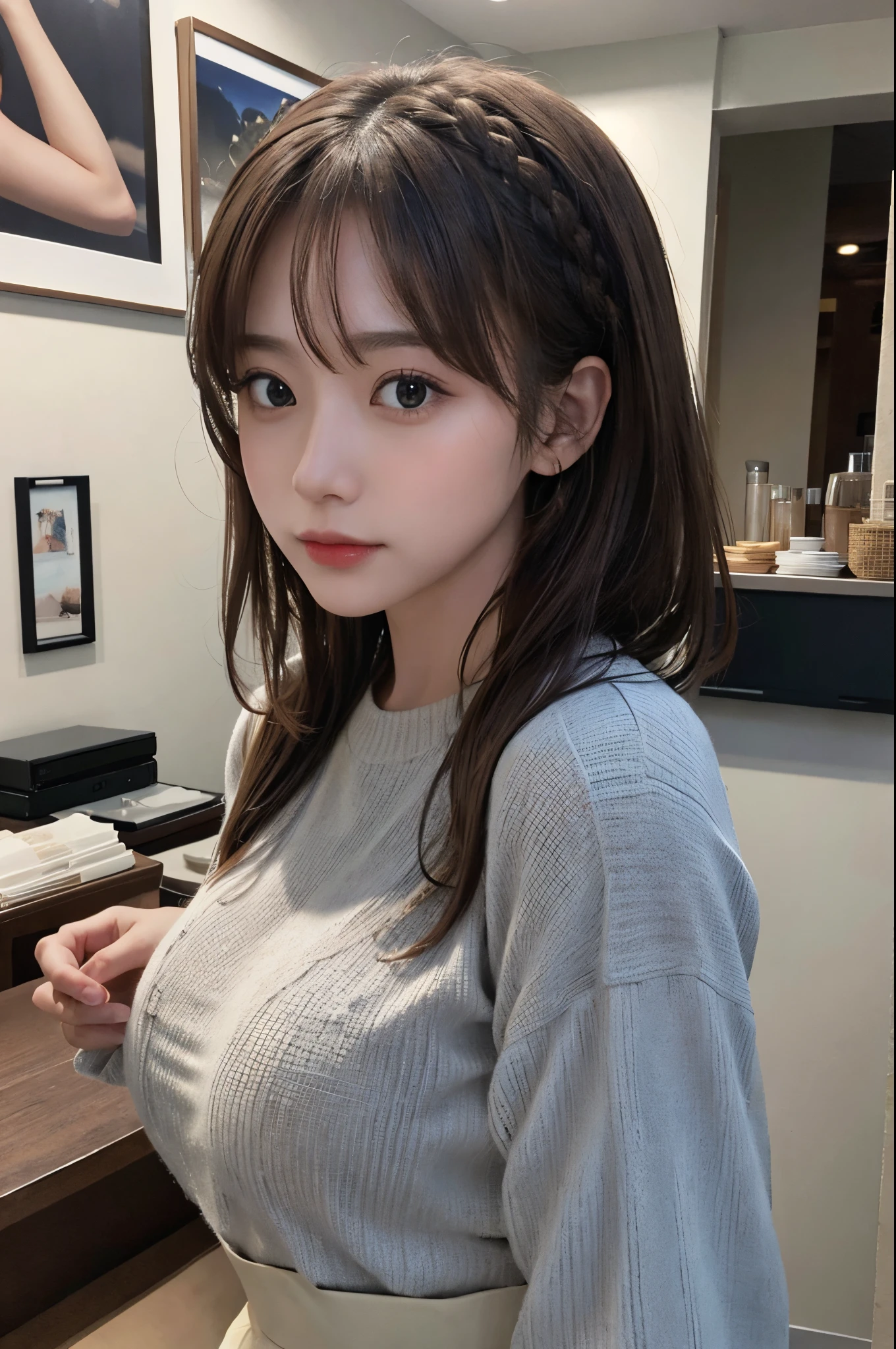 (From below:1),((1girl in)),Light Brown Fringe Hair、Braided hair、disheveled hair、Light brown eyes、(dignified expression)、(Fashionable casual wear),(爆乳)、Emphasize the valley、Skyscraper District、blue-sky、(Photorealsitic)、(intricate detailes:1.2)、(masterpiece、:1.3)、(top-quality:1.4)、(超A high resolution:1.2)、超A high resolution、(A detailed eye)、(detailed facial features)