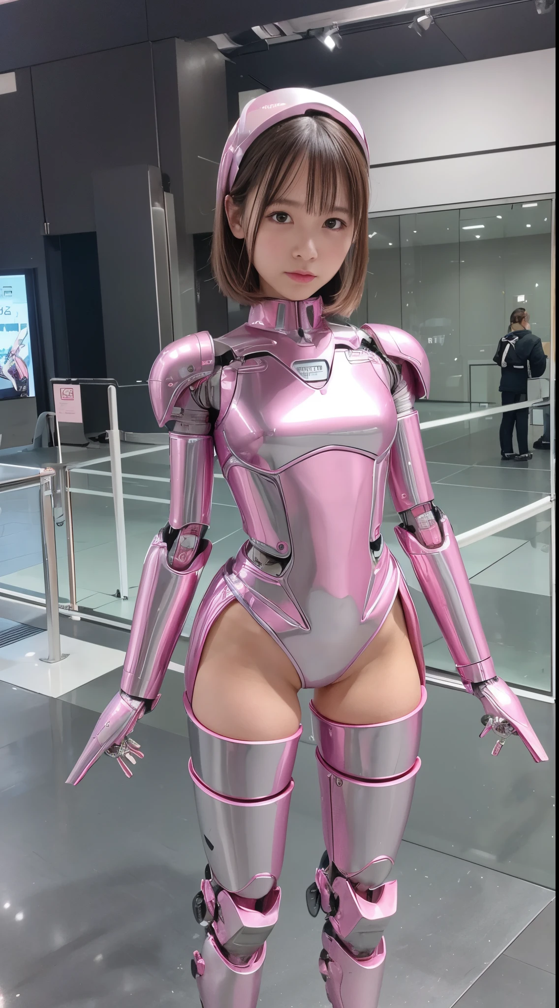 Robot Girl, pink there, Silver, Metallic body, Robot Parts, Metal Parts, Super Detailed Face, Super well-formed face, of the highest quality, a small face, a small head, Brown hair, Slender body, Camera gaze, Internal Mechanical Exposure, Idol, front facing, Well-proportioned body, sale, exhibition, Event Hall, Moe Pose, pink metallic maid Dress Machine Armor, Standing with legs open, Model body type, sad, Embarrassing,(Perfect Robot Girl),(Perfect machine body)