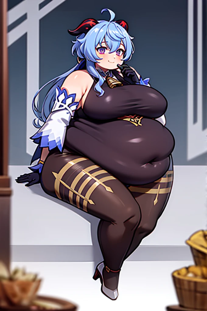 fat body, fat arms, masterpiece, best quality, 1girl, solo, fat belly, thick thighs, long hair, breasts, looking at viewer, bangs, gloves, bare shoulders, medium breasts, sitting, blue hair, purple eyes, flower, ahoge, pantyhose, detached sleeves, horns, black gloves, water, high heels, from side, black pantyhose, sideboob, obese ganyu (genshin impact), Fat Ganyu, happy, eating