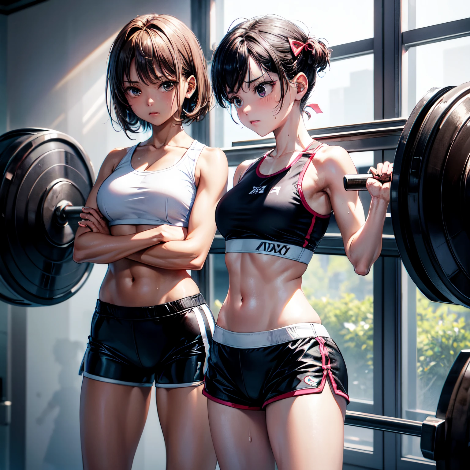 masterpiece, 4K, of the highest quality, bow ribbon, Sports Bra, Latex Shorts, is standing, arms folded,、cool expression Beautiful gym, Brown-eyed, Short_hair, Small_Breast, looking at the viewers 、Heavy sweat、1 persons