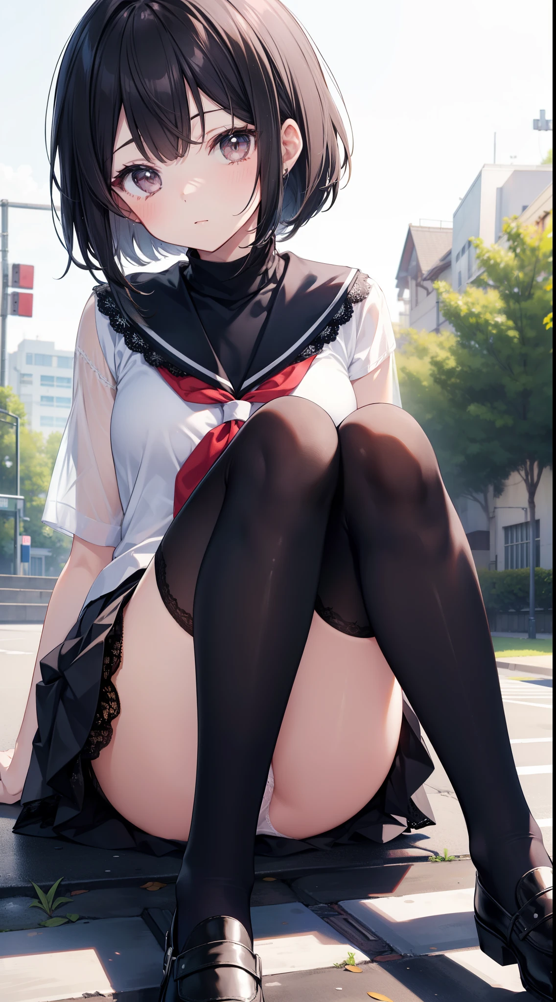 masutepiece、hight resolution、Long bob cut、A dark-haired、two cute girls、hi-school girl、Sitting on the ground with knees upright、Staring at this、Black Knee High Socks、White lace panties