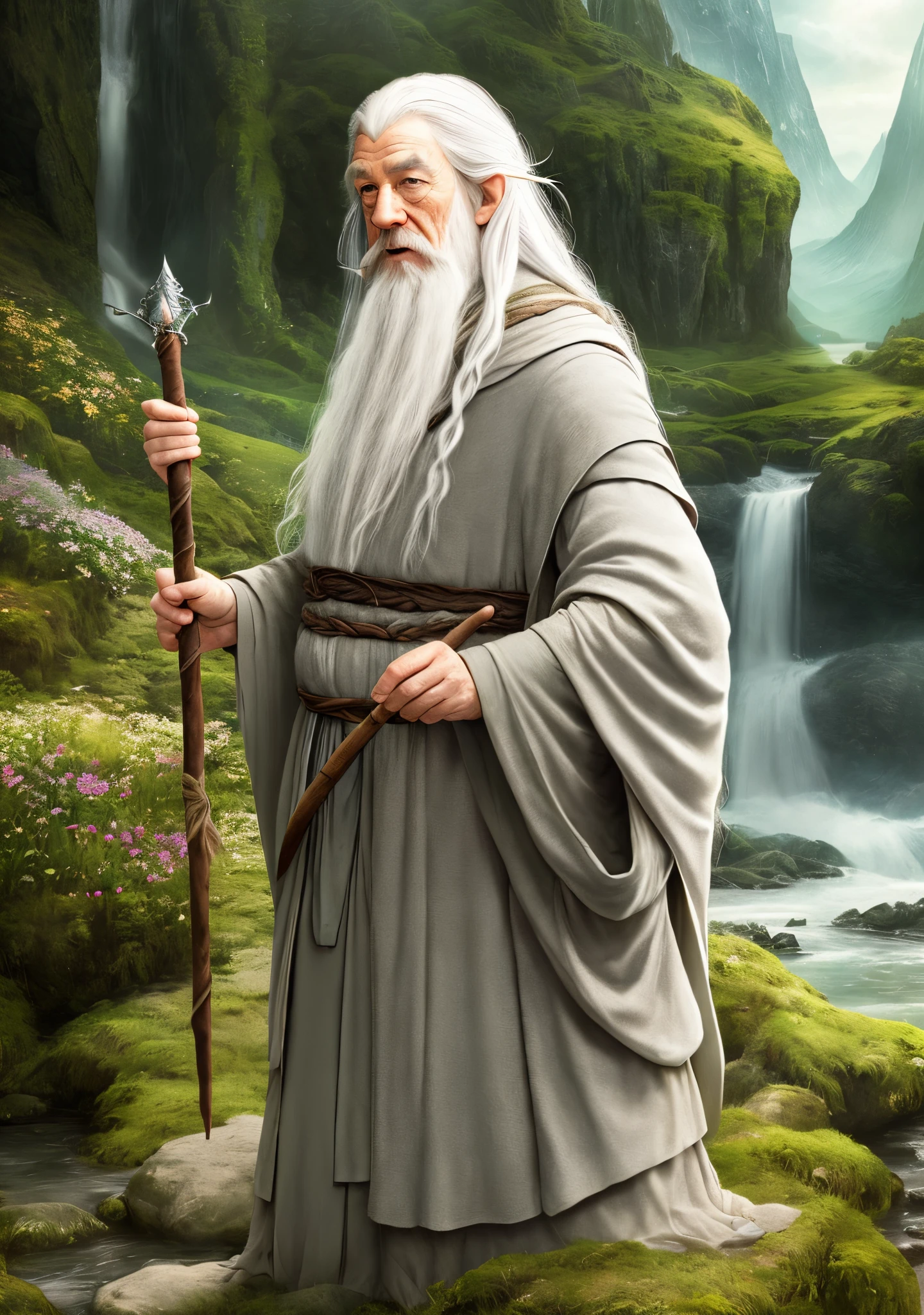Realistically produce an image with a nature background in which Gandalf from the Lord of the Rings is dating Galadriel