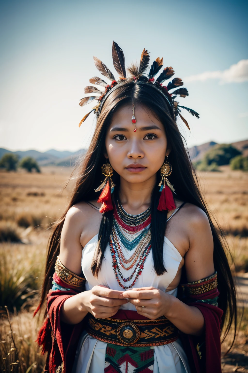 8k, highest quality, ultra details, indigenous woman, traditional attire, feather headdress, tribal patterns, nature background, proud expression, cultural heritage