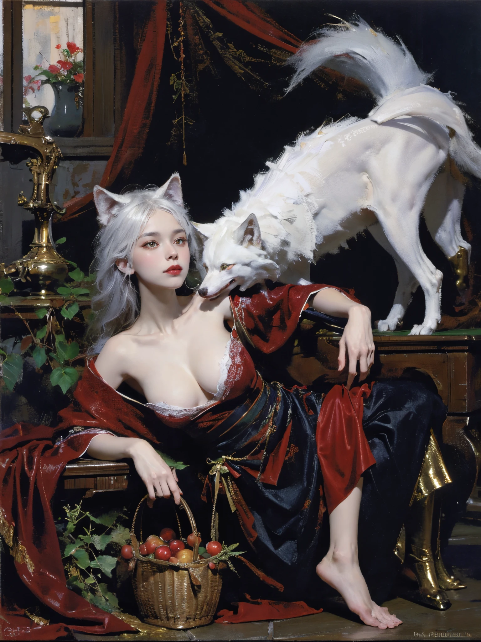 Describe the scene where the girl in red meets the wolf,(((white wolf))),Quiet and harmonious atmosphere,Dramatic composition,warm color palette,many color,Correct anatomy,Detailed faces, 詳細な目,(Girls wear:red shawl,Red Hat,laced dress,Red Hat, cloaks, Large bra, a skirt, Red dress,Carrying a basket of fruit),Background with:luring,natural lightting, Candy House,a fairy world,Close-up cleavage,Sexy legs,((Two full legs)),((Sexual suggestiveness)),Correct anatomy,详细的脸, 詳細な目,(post impressionist),(Fechin Oil Painting - Fechin Oil Painting , oil painted), 01