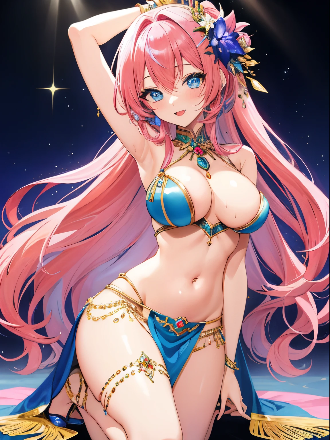 ((masterpiece)), ((best quality)), (ultra-detailed), ((kawaii)), cute, (lovely), (()), ((extremely detailed)), 4K, (8K), best quality, (beautiful), (anime style:1.2), flat color, painting, //, dynamic pose (()), //, upper body, gradation, Beautiful girl with pink hair，with hair dishevelled，long pink hair，Sick，White pupils，The legs are very thin，The legs are long, blue eyelashes, ​masterpiece, 1girl ((20 years old)), Belly Dance Costumes, ((())), piercing, (((belly dancer))), smile, open mouth, Glistening sweat, Kneeling, dancing, open one's legs, detailed skin textures, large , from sides, Smile, Long hair, (pink hair, Deep Blue Eyes:1.2), Sparkling eyes, (Perfect eyes:1.2), (Perfect iris:1.2), //, (cool), //, shiny-glistening, ultra shiny body, gleaming, Cute face, kawaii, Large , delicate hair, disheveled hair, Arabian night, (Classic theater), light rays, ((low camera angle, ground view)) Tall and tall，Thin, 8k, ultrarealistik, oficial art, , blush