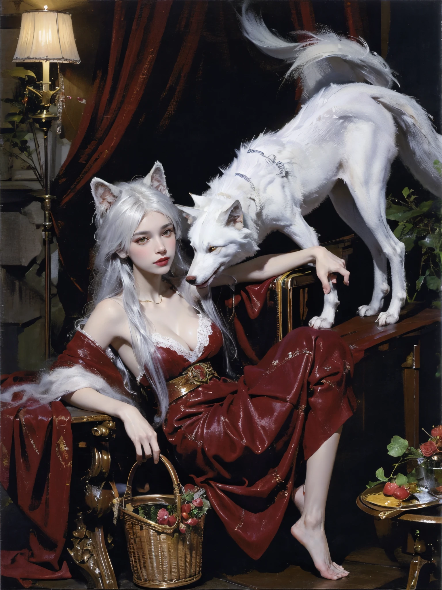 Describe the scene where the girl in red meets the wolf，(((white wolf)))，Quiet and harmonious atmosphere，Dramatic composition，warm color palette，many color，Correct anatomy，Detailed faces, 詳細な目，（Girls wear：red shawl，Red Hat，laced dress，Red Hat, cloaks, Large bra, a skirt, Red dress，Carrying a basket of fruit），Background with：luring，natural  lightting, Candy   House，a fairy world，Close-up cleavage，Sexy legs，（（Two full legs）），((Sexual suggestiveness))，Correct anatomy，详细的脸, 詳細な目，(post impressionist),(Fechin Oil Painting - Fechin Oil Painting , oil painted), 01