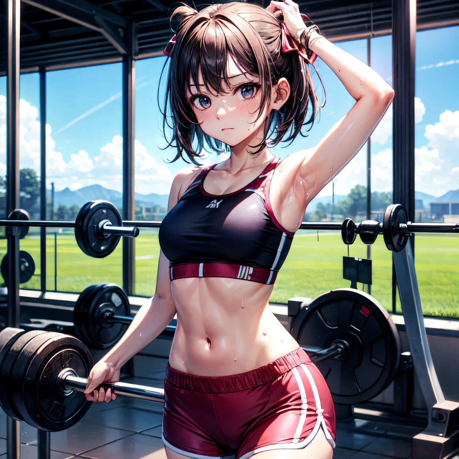 masterpiece, 4K, of the highest quality, bow ribbon, Sports Bra, Latex Shorts, is standing, arms folded,、cool expression Beautiful gym, Brown-eyed, Short_hair, Small_Breast, looking at the viewers 、Heavy sweat、1 persons