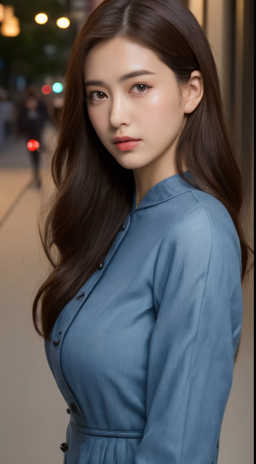 ((top-quality、8K、​masterpiece、:1.3))、1girl in、Amazing beauty，full body Esbian、Slim Faces、Pretty women、(dark brown hair)、qipao dress:1.1、Super Detailed Face、detailedeyes、二重まぶた、blurry backround、Slim Faces、nighttime scene、appearance、Street、raw,Back，Walking，raw,Back，Colossal tits