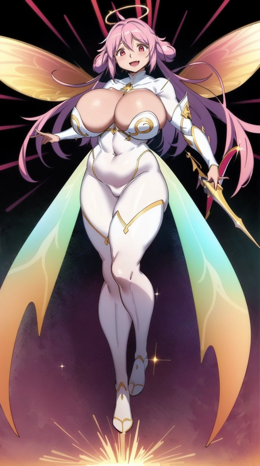 e,, holy magicalgirl, open mouth fang, holy haura, halo, smile, joyfull, paladin, sword holding, full body , boots, standing,cute,breast, curvy, female,fantasy goddess,there is a cartoon picture of a woman with a very large breast, glowing angelic being, glowing holy aura, inspired by Luma Rouge, the non-binary deity of spring, ethereal rainbow nimbus, the butterfly goddess of fire, inspired by Marie Angel, glowing aura around her, astral fairy, as the goddess of the sun, “uwu the prismatic person, big breast, happy, beautiful eyes, , full body, walking, long robe, long dress, ,priestess ,holy, smile, god rays, ray tracing, sparkle, cinematic lighting, UHD, retina, masterpiece, ccurate, anatomically correct, textured skin, super detail, high details, high quality, award winning, best quality, highres, 1080P, HD, 4K, thunder aura, light aura,full body suit, corsept, angel wings