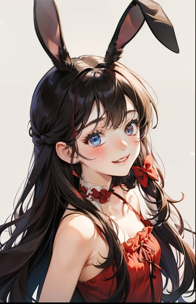 girl with、Background white、without background、A dark-haired、The long-haired、Contrasting bangs、Red one-piece、frilld、bow ribbon、bunnygirl、Rabbit ears、with blush cheeks、Smiling、kawaii、without background