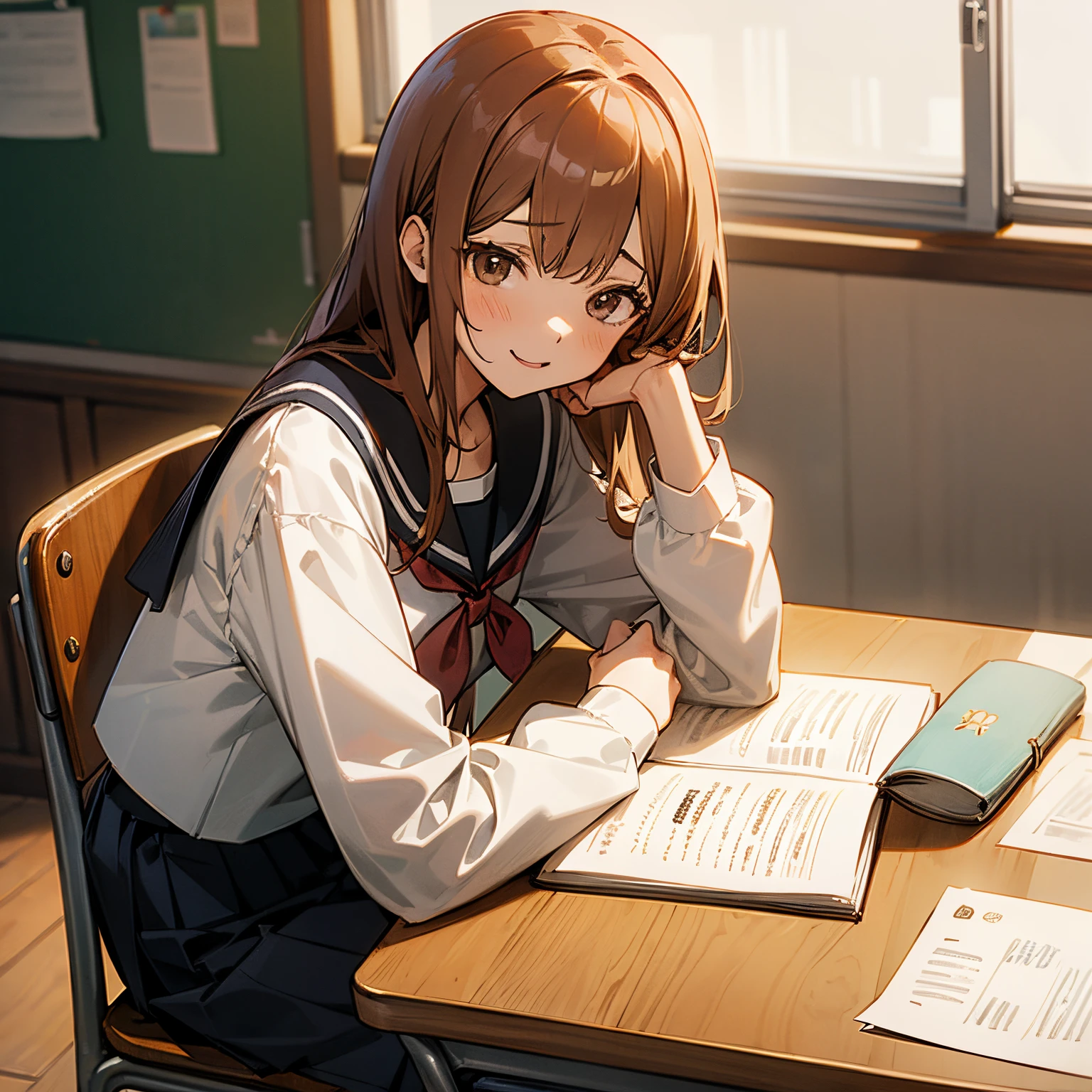 ((masutepiece, Best Quality)),Best aesthetic,1girl in, School uniform, desk work, Sitting, School Desk, Brown hair, crass room, Long hair, Indoors, Chair, Looking at Viewer, :P, Solo Focus, Brown eyes, Skirt, Long sleeves, Pencil, 1 boy, pencil case, paper, black serafuku, Multiple girls, Pleated skirt, Sailor collar, Bangs, head rest, School bag, school chair