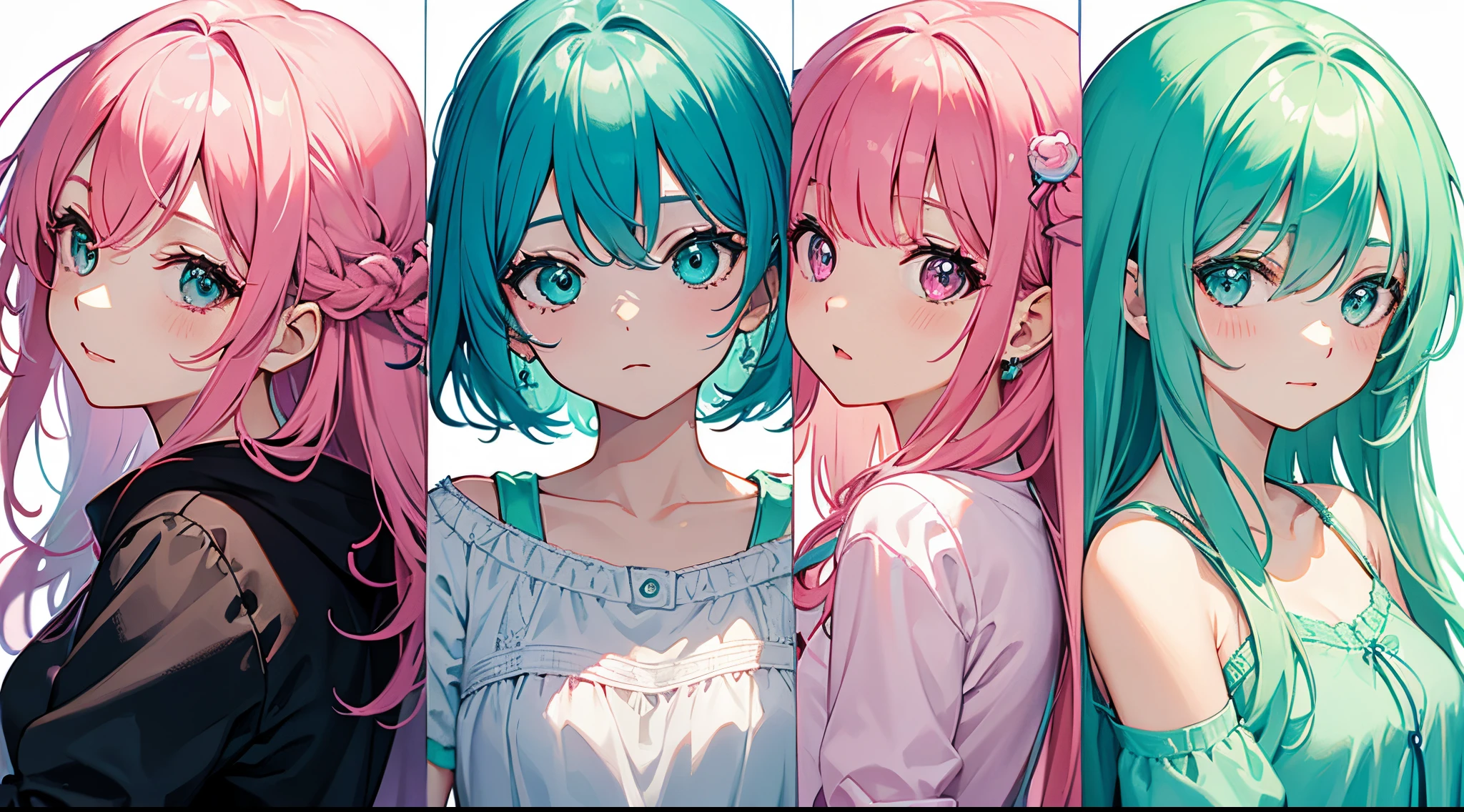 4 cute expression, side to side, pink and cyan hair, green eye, half body photo