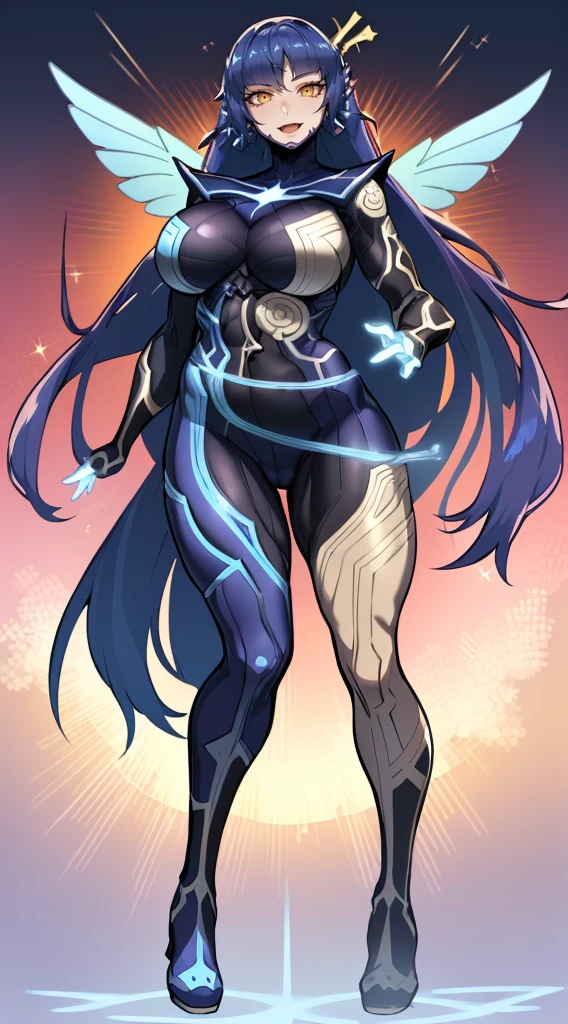 (best quality,masterpiece:1.2),intricate details,beautiful detailed eyes,beautiful detailed lips,extremely detailed eyes and face,longeyelashes,super curvy,comic style,vibrant colors,standing,innocent, full body, standing, smile,, holy magicalgirl, open mouth fang, holy haura, halo, smile, joyfull, paladin, sword holding, full body , boots, standing,cute,breast, curvy, female,fantasy goddess,there is a cartoon picture of a woman with a very large breast, glowing angelic being, glowing holy aura, inspired by Luma Rouge, the non-binary deity of spring, ethereal rainbow nimbus, the butterfly goddess of fire, inspired by Marie Angel, glowing aura around her, astral fairy, as the goddess of the sun, “uwu the prismatic person, big breast, happy, beautiful eyes, , full body, walking, long robe, long dress, ,priestess ,holy, smile, god rays, ray tracing, sparkle, cinematic lighting, UHD, retina, masterpiece, ccurate, anatomically correct, textured skin, super detail, high details, high quality, award winning, best quality, highres, 1080P, HD, 4K, thunder aura, light aura,full body suit