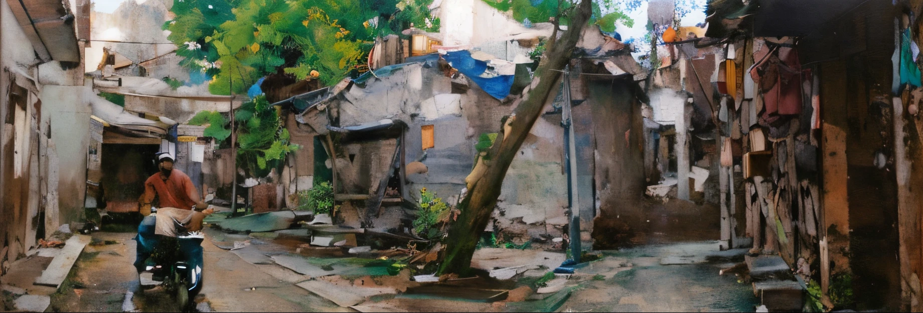 A man rides a tricycle along a narrow street, Back alley, Taken in the late 1980s, In an alley, Taken in the early 1990s, shady alleys, In a narrow Chinese alley, Stone road、old trees、the setting sun。