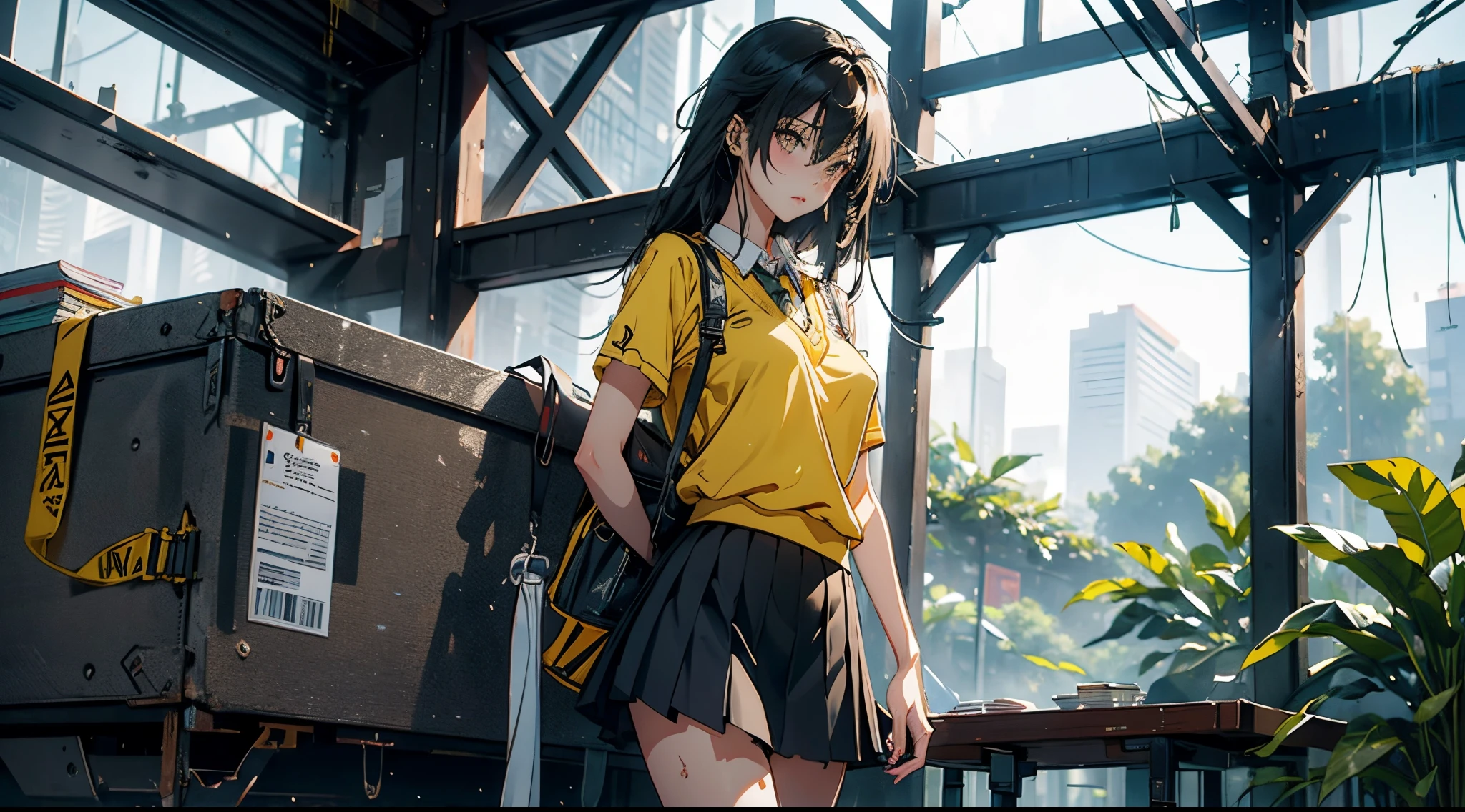 1female，****，Slim，熟妇，medium cleavage breasts Thin waist，slenderlegs，Pornographic exposure， 独奏，kotegawa yui, black hair, long hair, long bangs, brown eyes, large breasts star pupils,(wearing: yellow school uniform, pleated skirt, sneaker), looking at viewer,（Background with：ln the forest，the rainforest，in summer，，Sweat profusely，drenched all over the body，seen from the front， hair straight， mostly cloudy sky，（（（tmasterpiece），（Very detailed CG unity 8K wallpaper），best qualtiy，cinmatic lighting，detailed back ground，beatiful detailed eyes，Bright pupils，（Very fine and beautiful），（Beautiful and detailed eye description），ultra - detailed，tmasterpiece，）），facing at camera，（Full body photo），Show shoes，A high resolution，ultra - detailed），revealing breasts， Bulge，legs are open，Raised sexy，Flushed complexion，Open-mouthed，frontage，full body, wide shot