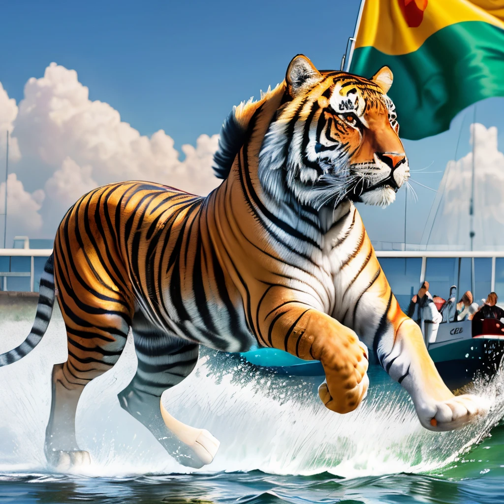 Tigre de bengala branco brigando com touro espanhol
