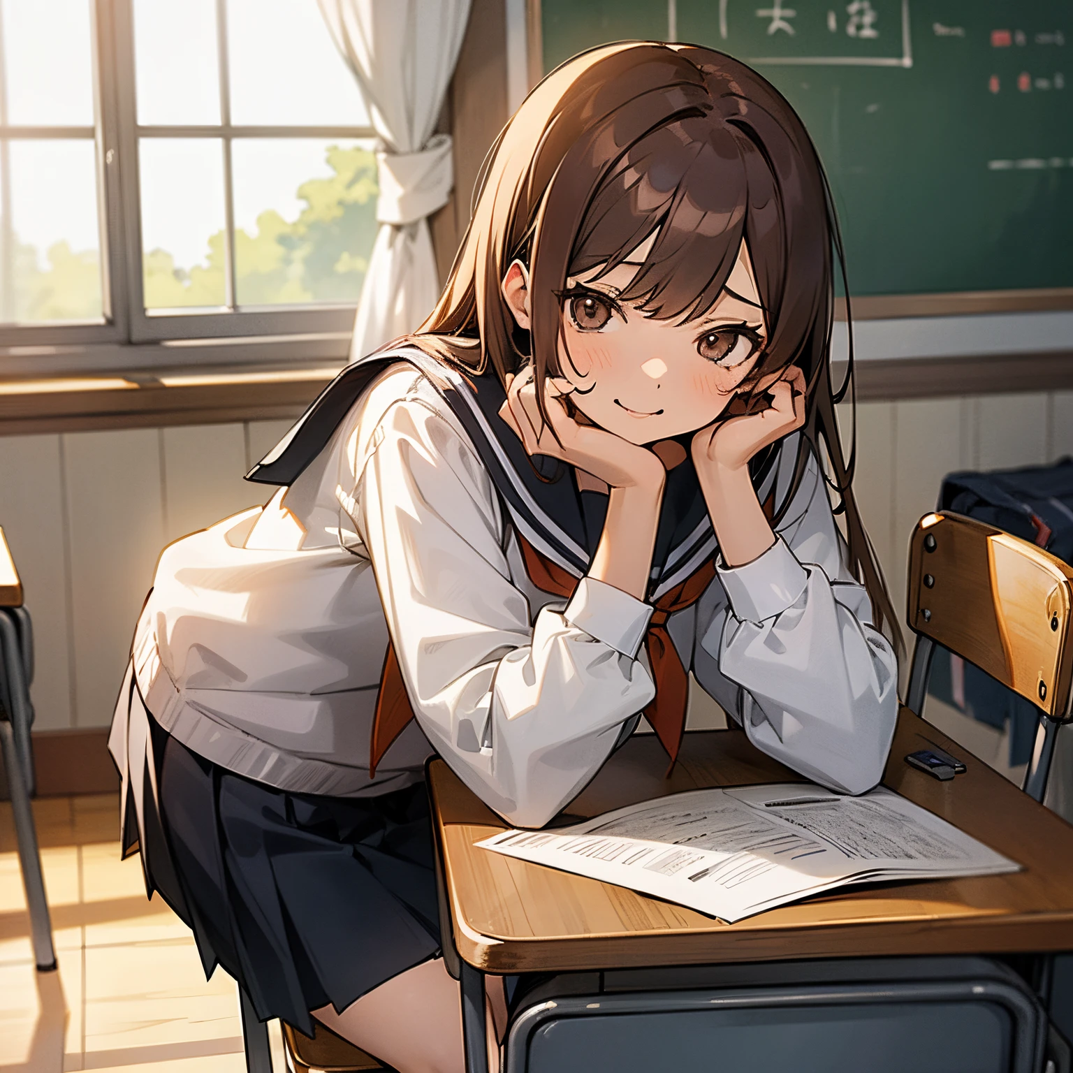 ((masutepiece, Best Quality)),Best aesthetic,1girl in, School uniform, desk work, Sitting, School Desk, Brown hair, crass room, Long hair, Indoors, Chair, Looking at Viewer, :P, Solo Focus, Brown eyes, Skirt, Long sleeves, Pencil, 1 boy, pencil case, paper, black serafuku, Multiple girls, Pleated skirt, Sailor collar, Bangs, head rest, School bag, school chair