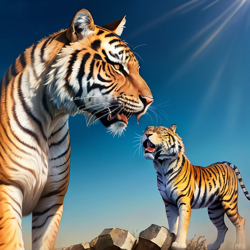 Tigre de bengala branco brigando com touro espanhol