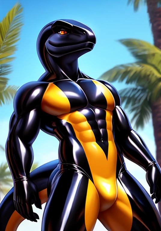 Big and shiny black latex Velociraptor crotch