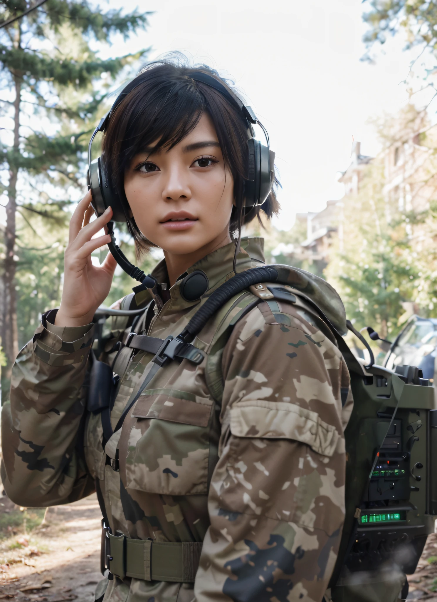 Very beautiful female soldier, Chinese features, Highly detailed face, short black hair, Wear headphones with microphone, Matte brown military uniform, Has an advanced portable military radio system, antenna on her back, Belt with ammunition, Harnesses, Cables, is in a forest, ultrarealistic, 4k, Ultra detailed image, realistic, Highly detailed, perfect composition, gorgeous, Intricately detailed, incredibly detailed, Art photography 8K, hyper detailed, Masterpiece, Ultra detailed, hyper realistic, 4k, Ultra detailed image, realistic, Highly detailed, perfect composition, beautiful, intricately detailed, incredibly detailed, art photography 8k, hyper detailed, masterpiece